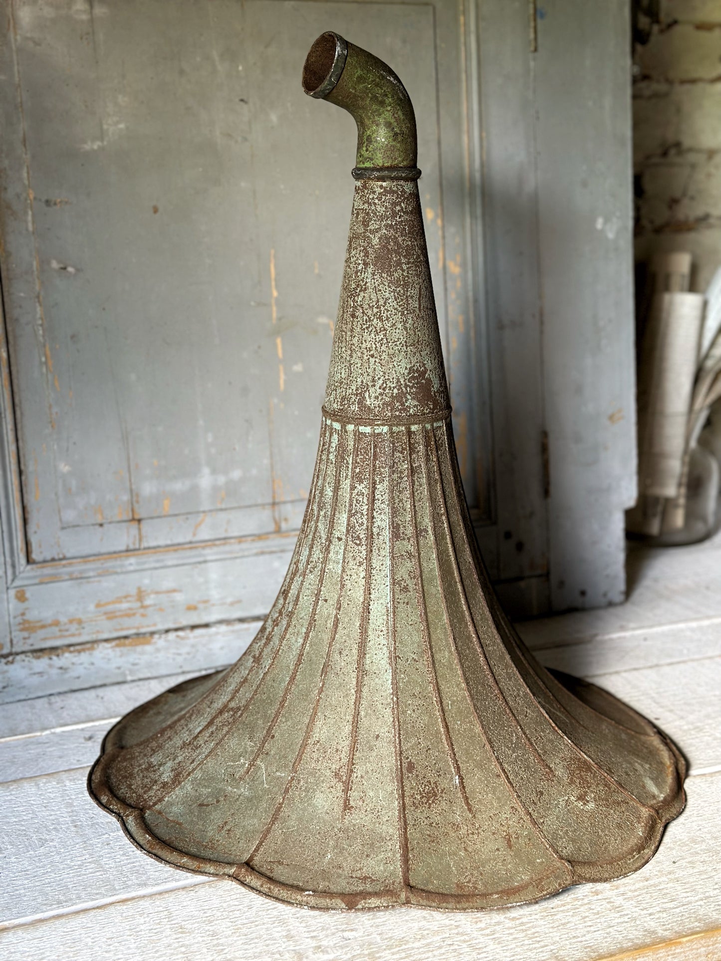 A wonderful antique French tin gramophone funnel and elbow