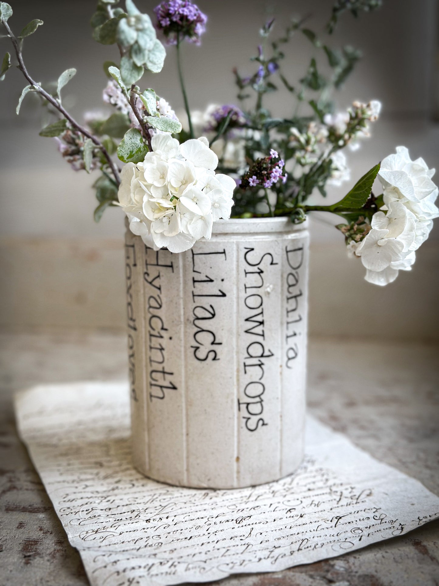 A Victorian Stoneware Preserve jar with hand painted botanical names pot