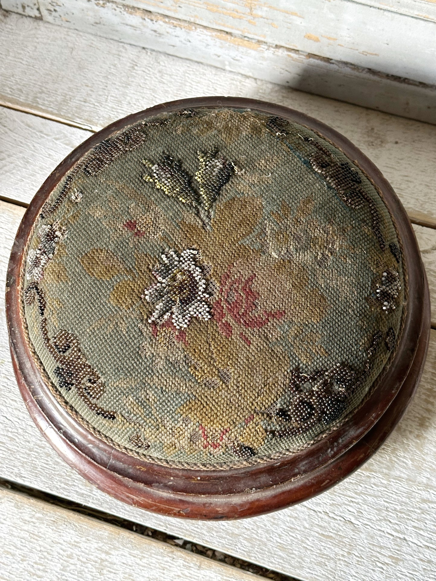 Victorian Bead Work Round Footstool