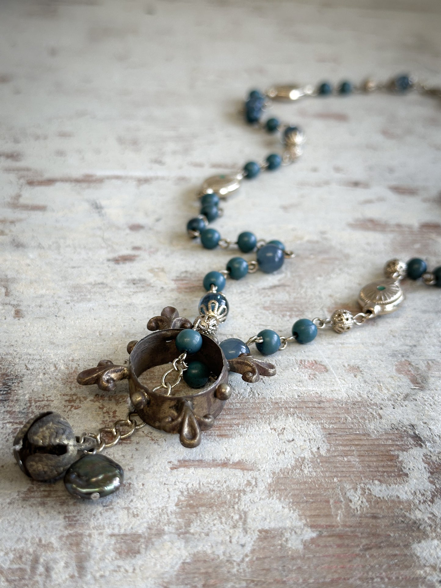 Found Object Vintage Beaded Necklace with Antique Brass Crown by Jealous Moon Jewellery
