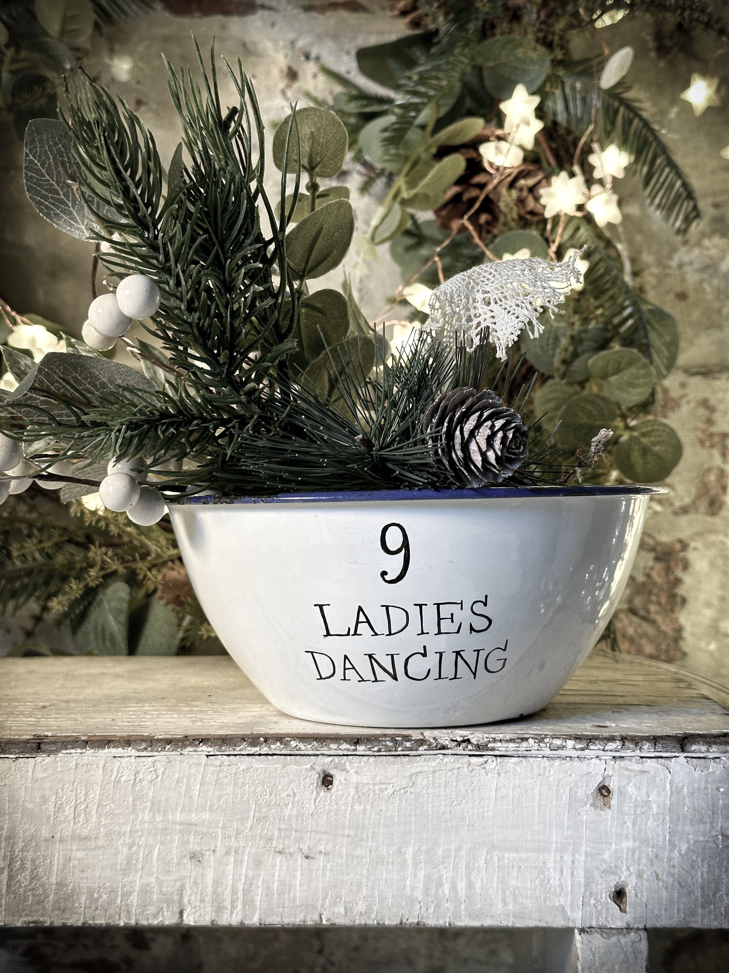 A beautiful vintage enamel pudding bowl with a hand painted quote from the Twelve days of Christmas