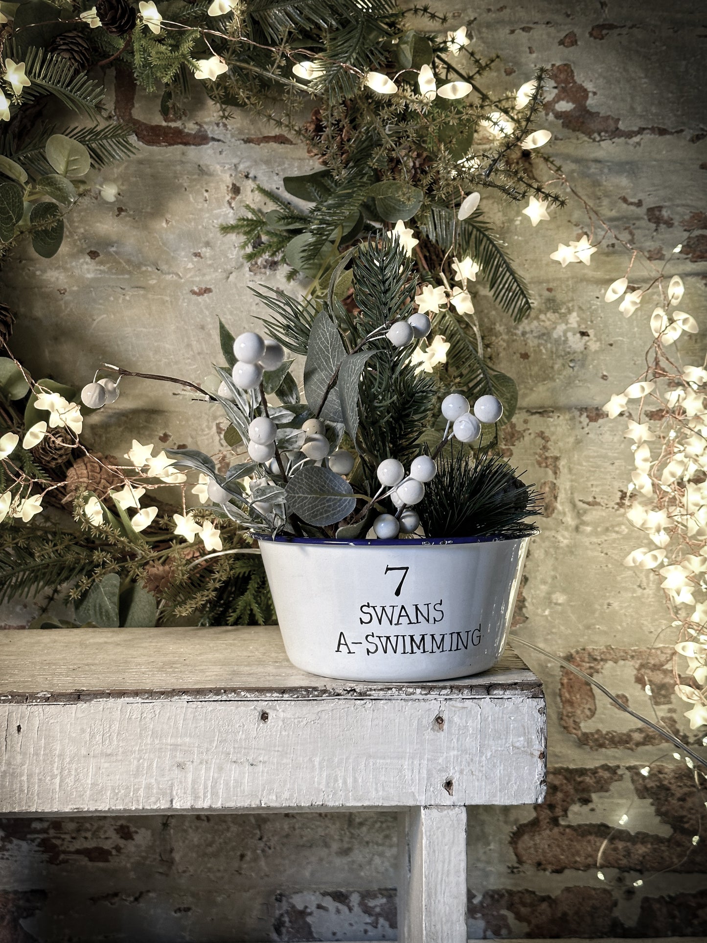 A beautiful vintage enamel pudding bowl with a hand painted quote from the Twelve days of Christmas