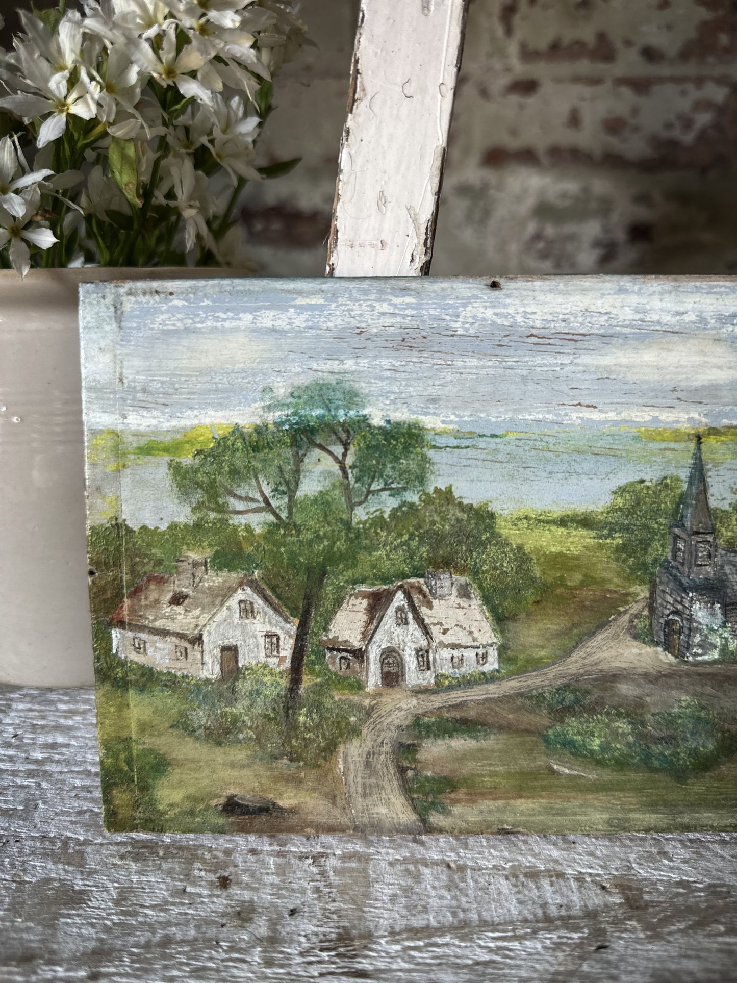 Antique French Naive Oil Painting on Wooden Panel