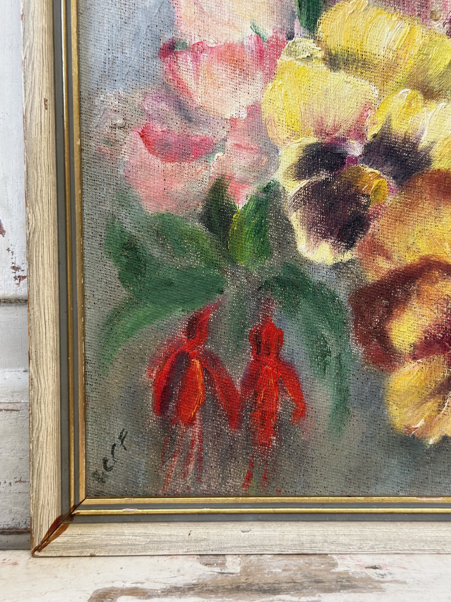 Vintage Still Life Flowers Pansies Oil On Board Signed ICCF