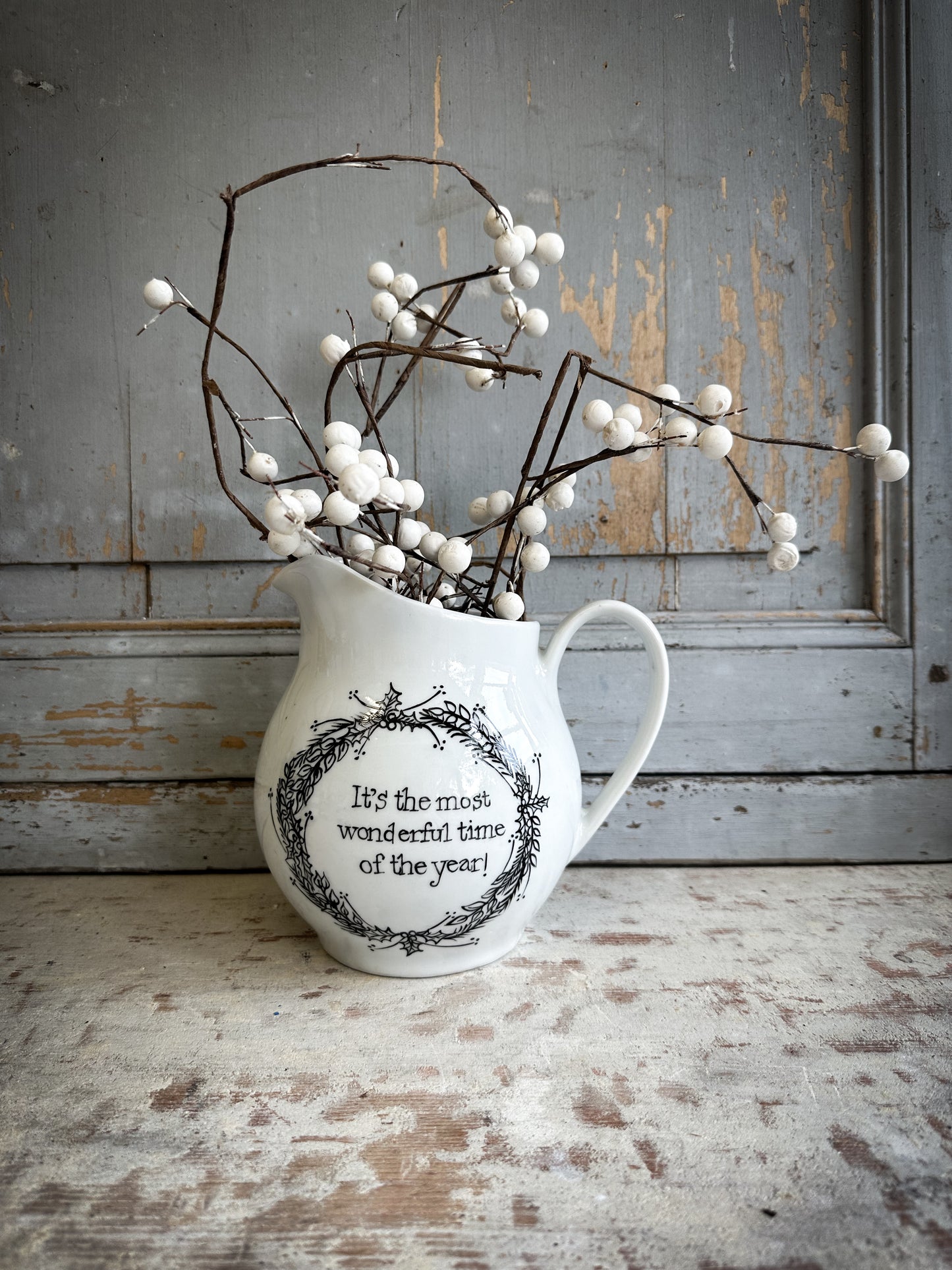 A beautiful Vintage Ironstone jug with a Christmas hand painted quote