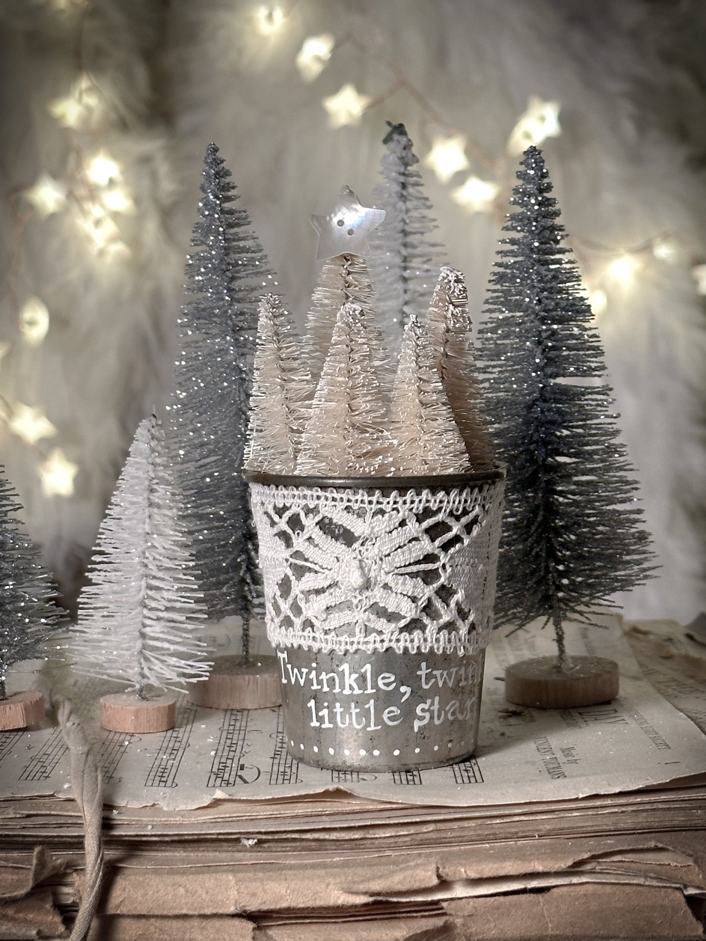 A hand painted vintage Dariole tin with lace trimming and a Christmas quote