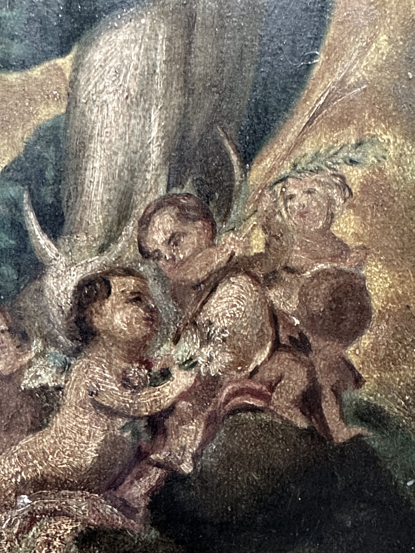 Antique oil on wood panel religious painting of Mary with cherubs at her feet