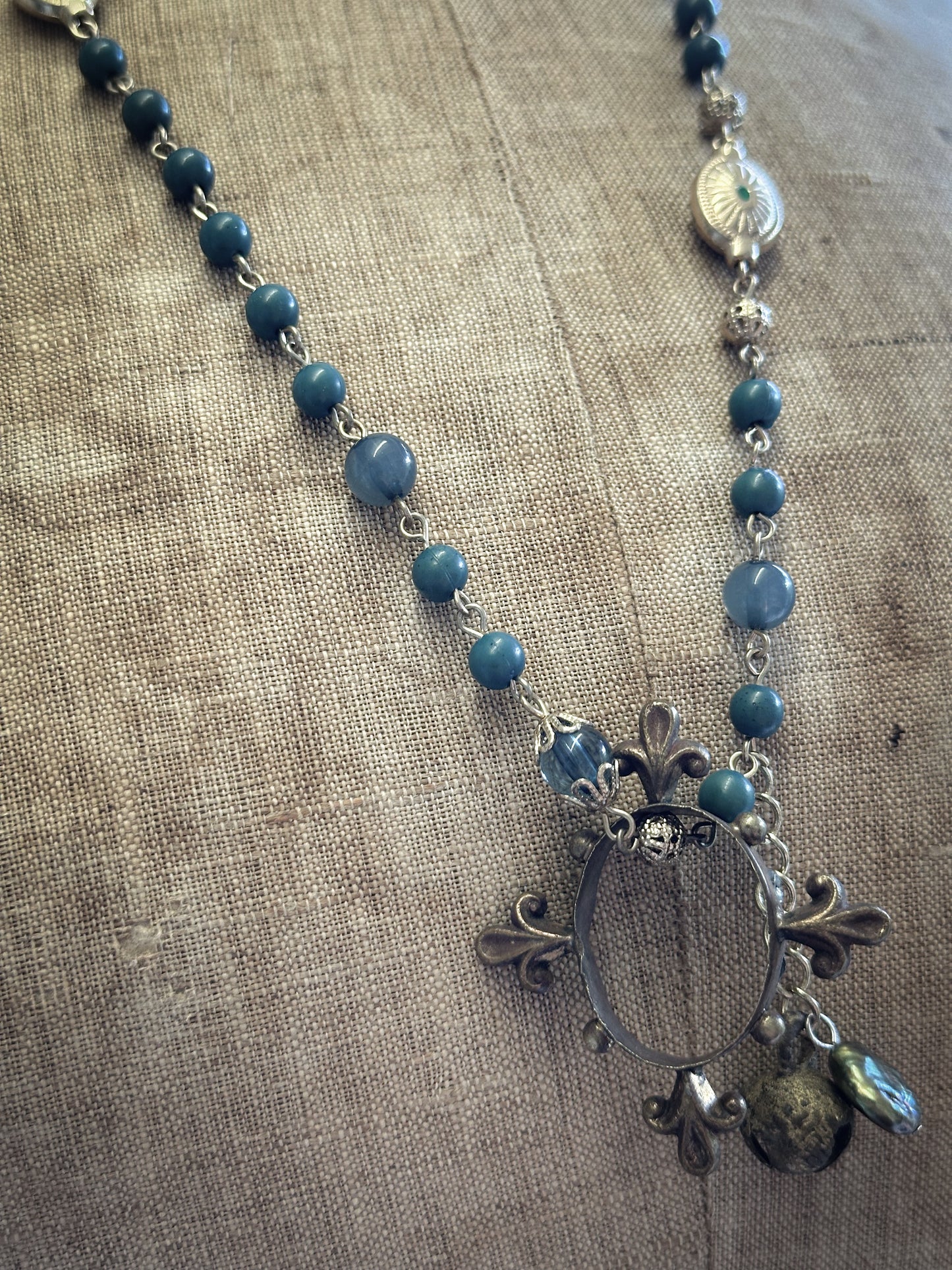 Found Object Vintage Beaded Necklace with Antique Brass Crown by Jealous Moon Jewellery