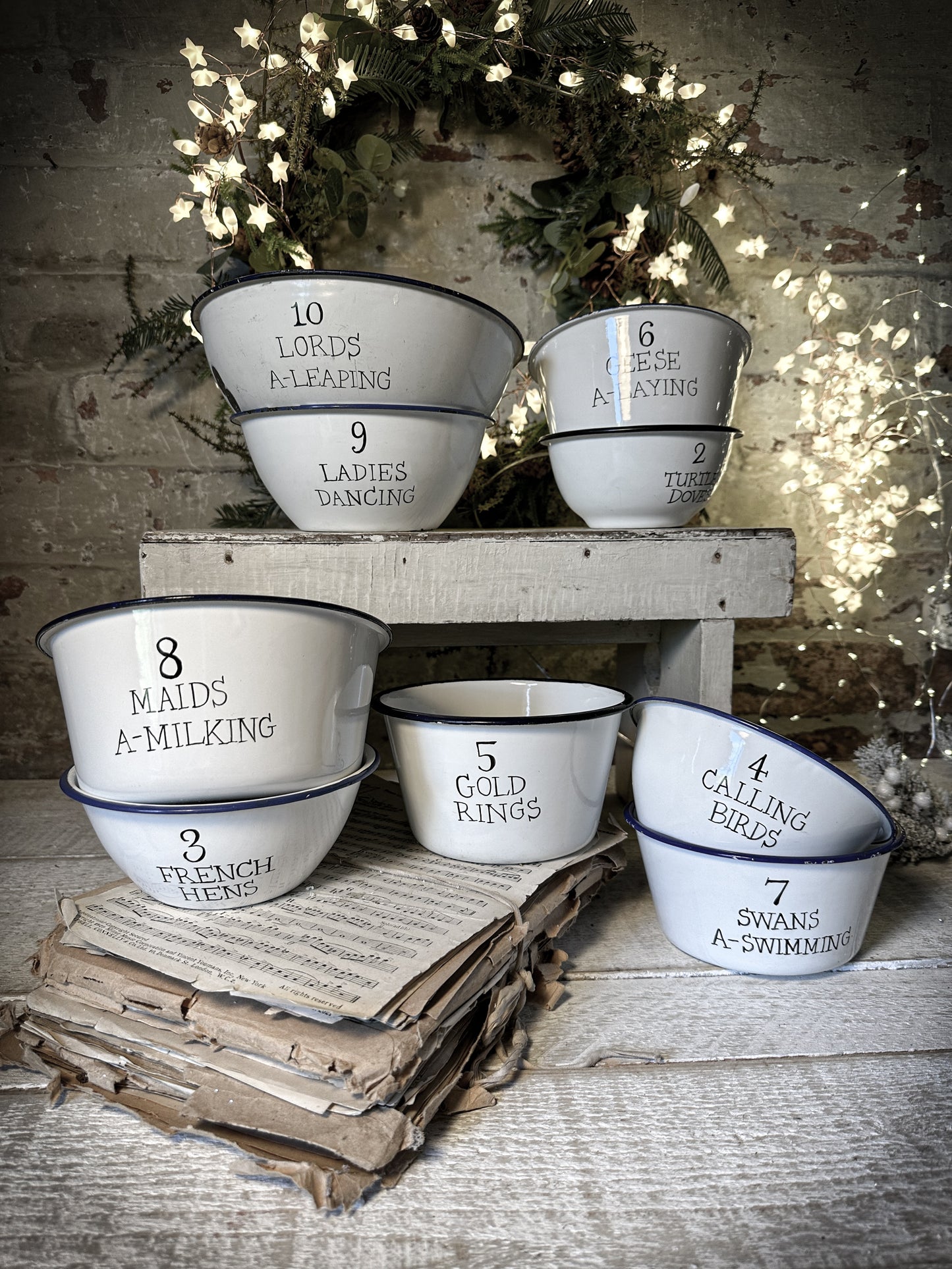 A beautiful vintage enamel pudding bowl with a hand painted quote from the Twelve days of Christmas