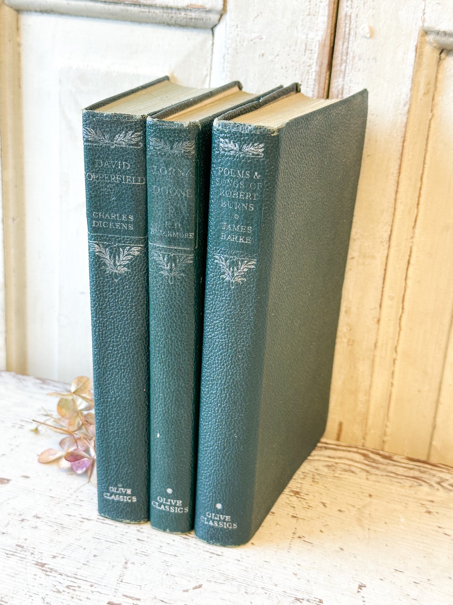 Three Olive Classics books “Lorna Doone” by R.D. Blackmore, “Robert Burnes poems”, “David Copperfield” by Charles Dickens