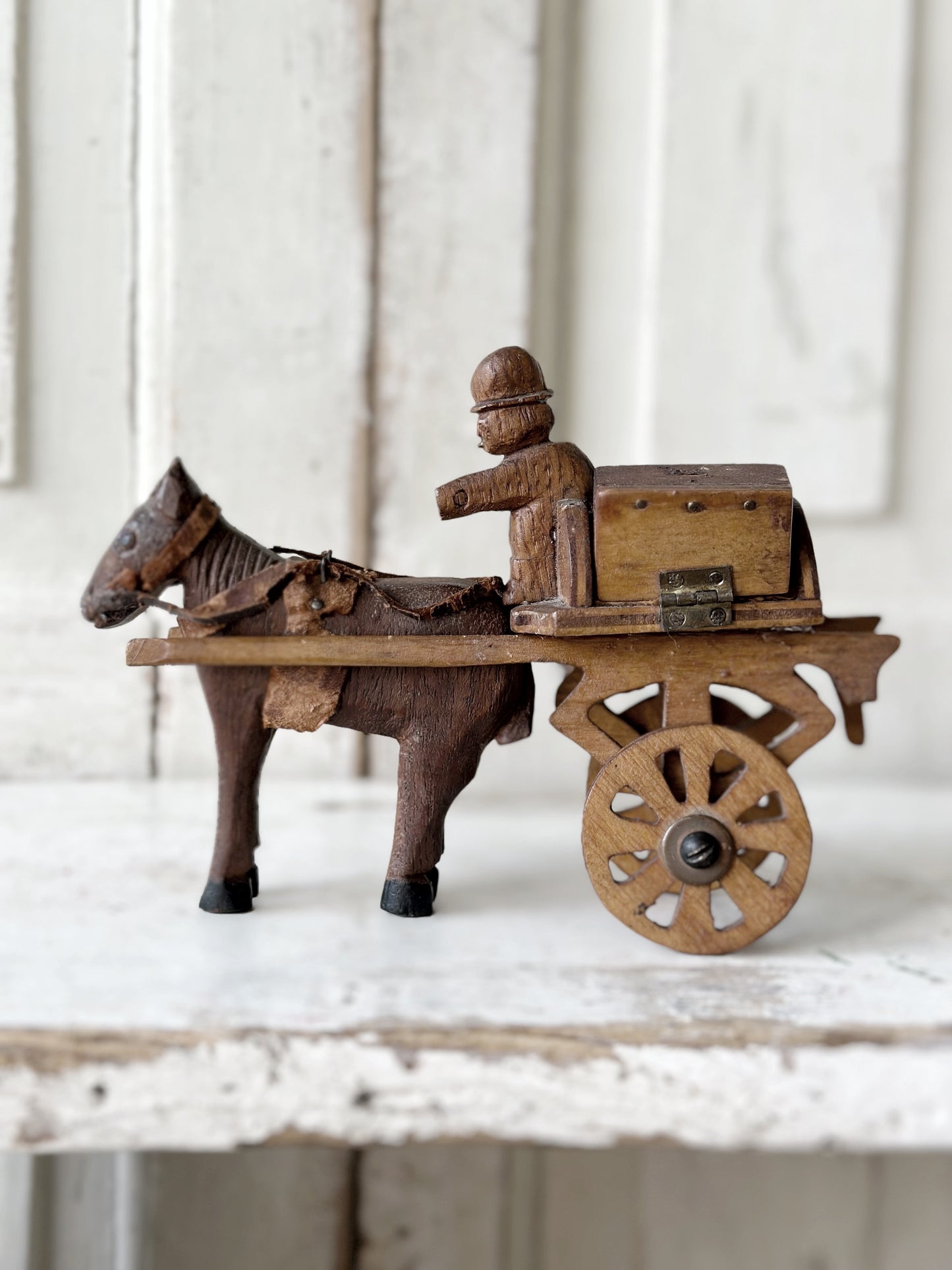 A primitive colonial scratch built wooden horse and cart toy