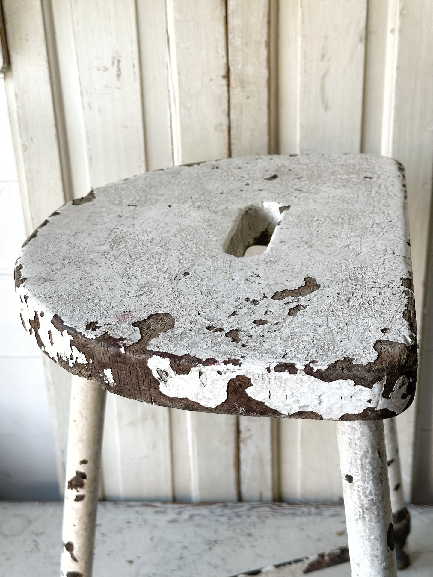 A chippy white French engineer’s stool 1930’s