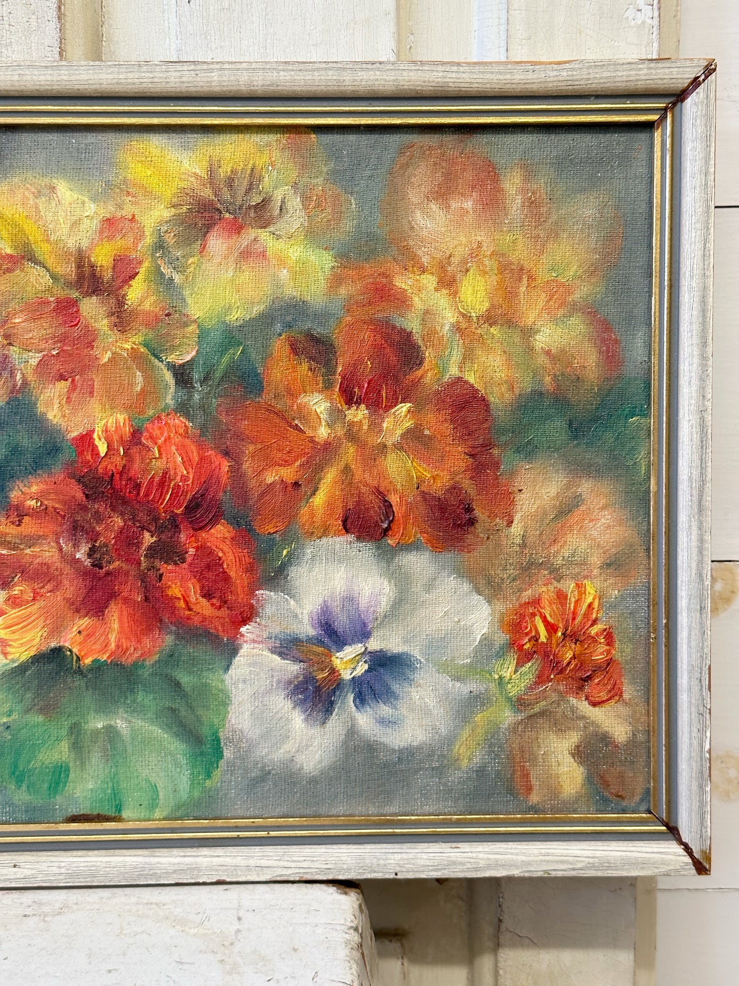 Vintage Still Life Flowers Pansies Oil On Board Signed ICCF