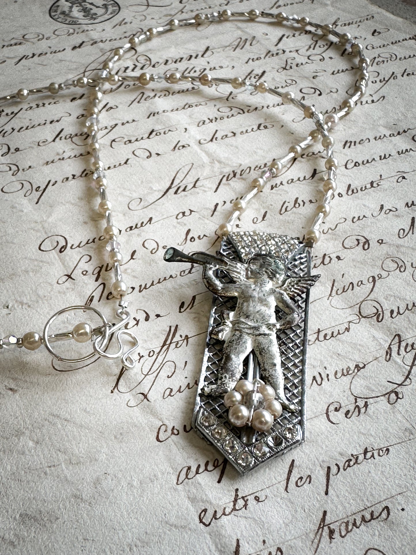 Found Object Art Deco Dress Clip with Cherub Necklace by Jealous Moon Jewellery