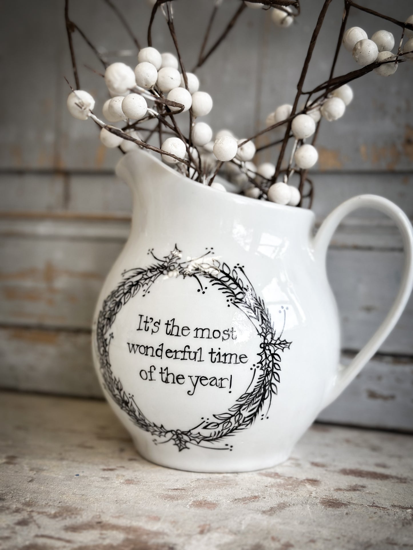 A beautiful Vintage Ironstone jug with a Christmas hand painted quote