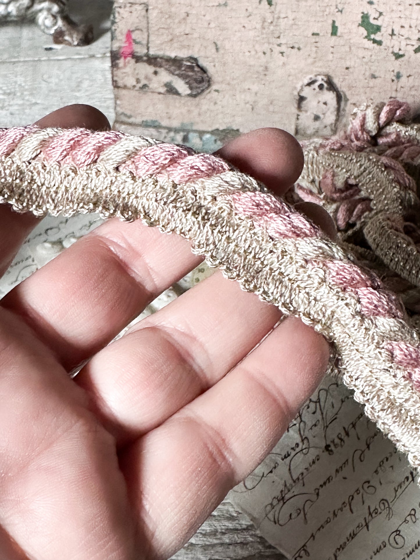 Vintage French Passementerie Trim – Pink and Cream Silk Braid with Original Paper Wrap