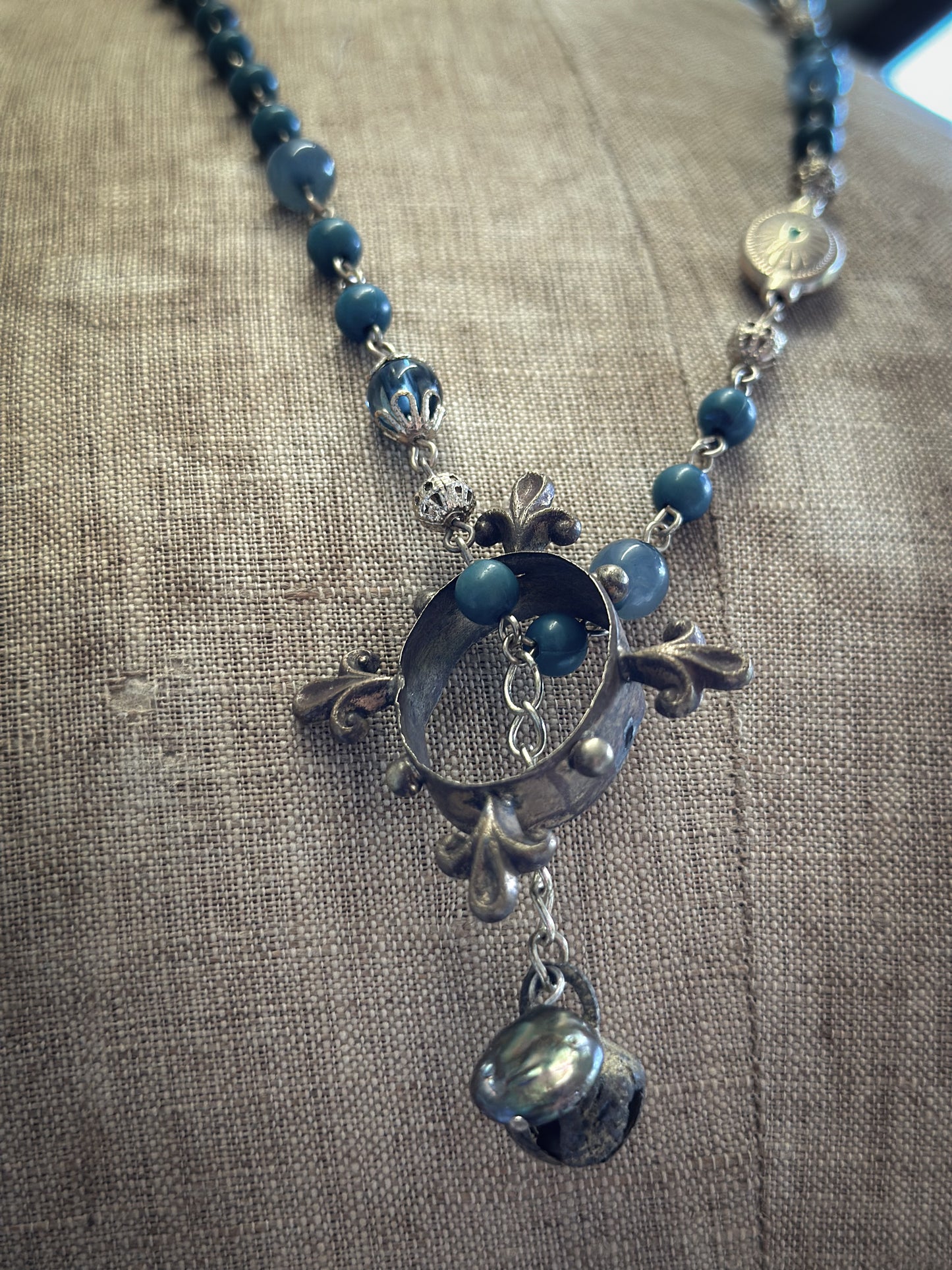 Found Object Vintage Beaded Necklace with Antique Brass Crown by Jealous Moon Jewellery