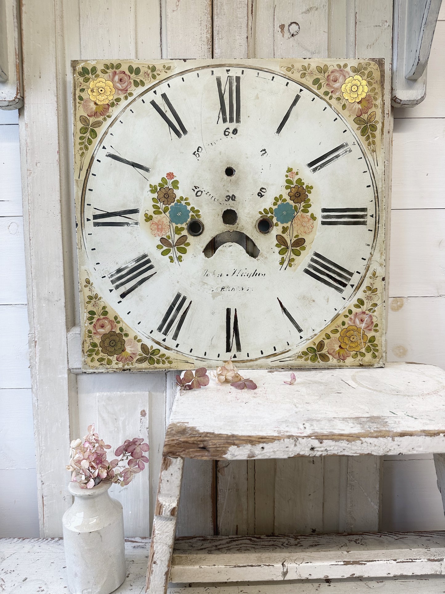 A stunning antique painted reclaimed long case clock face