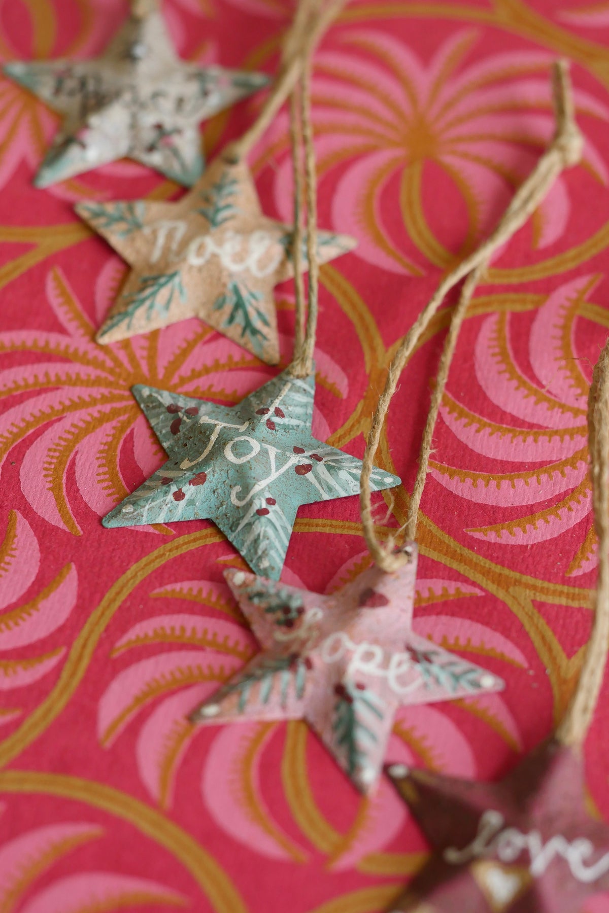 Set of Five Hand Painted Folk Art Pressed Tin Barn Stars