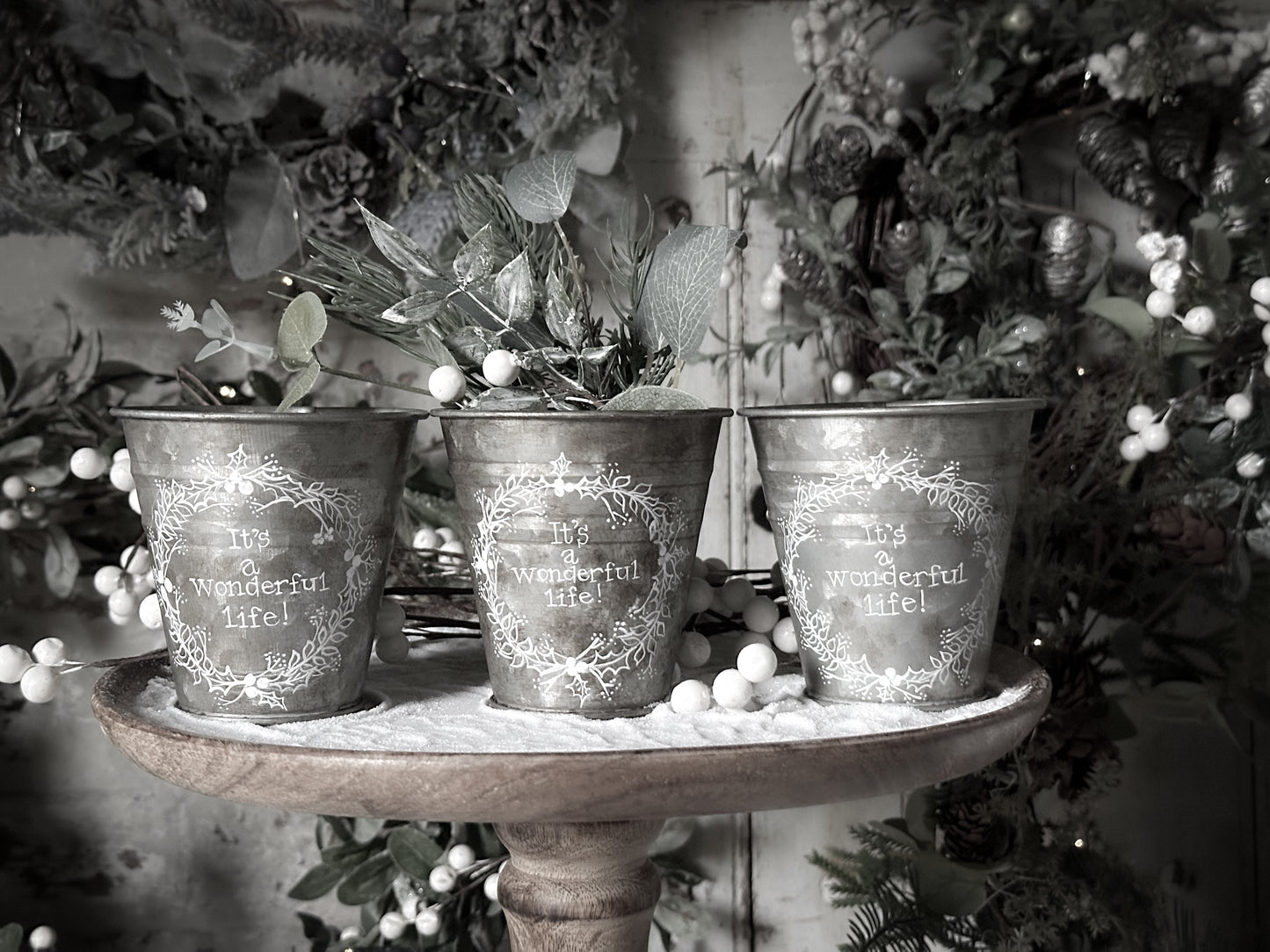 A vintage style mini zinc tub hand painted with a Christmas wreath and Quote