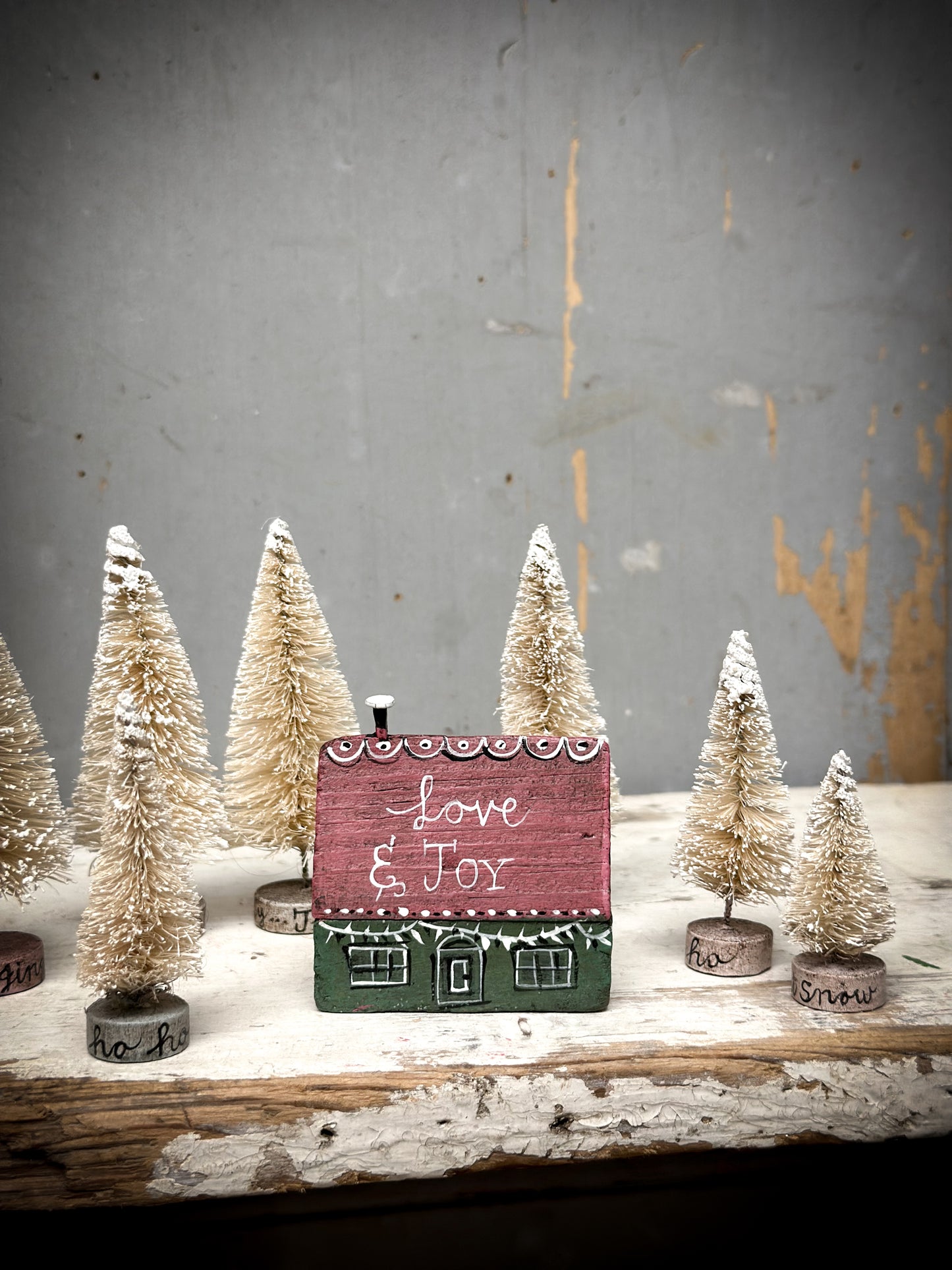 A Large Vintage German Erzgebirge Putz Wooden Village House “Love & Joy”