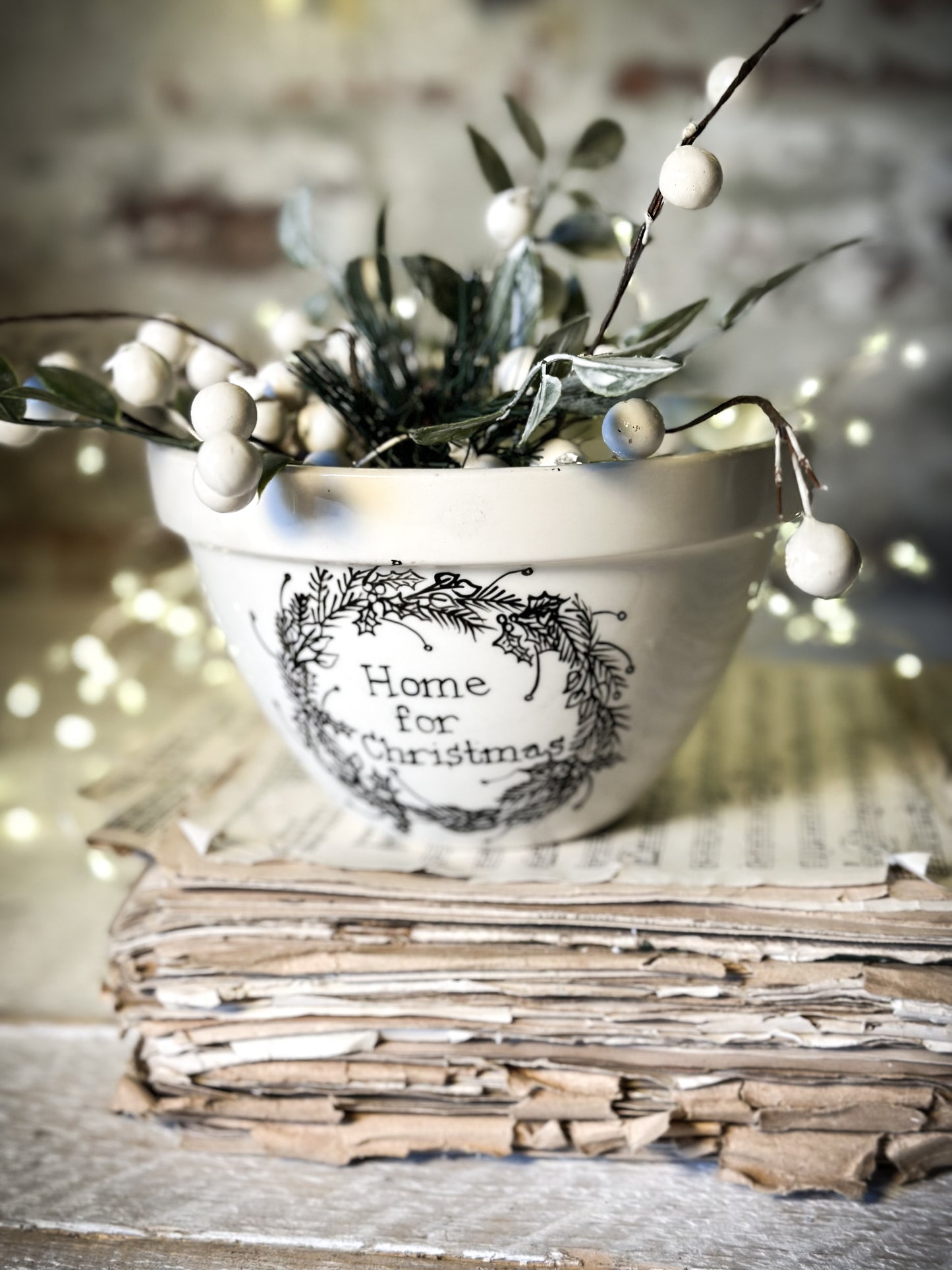 A beautiful vintage Illustrated Ironstone pudding bowl with a hand painted Christmas quote