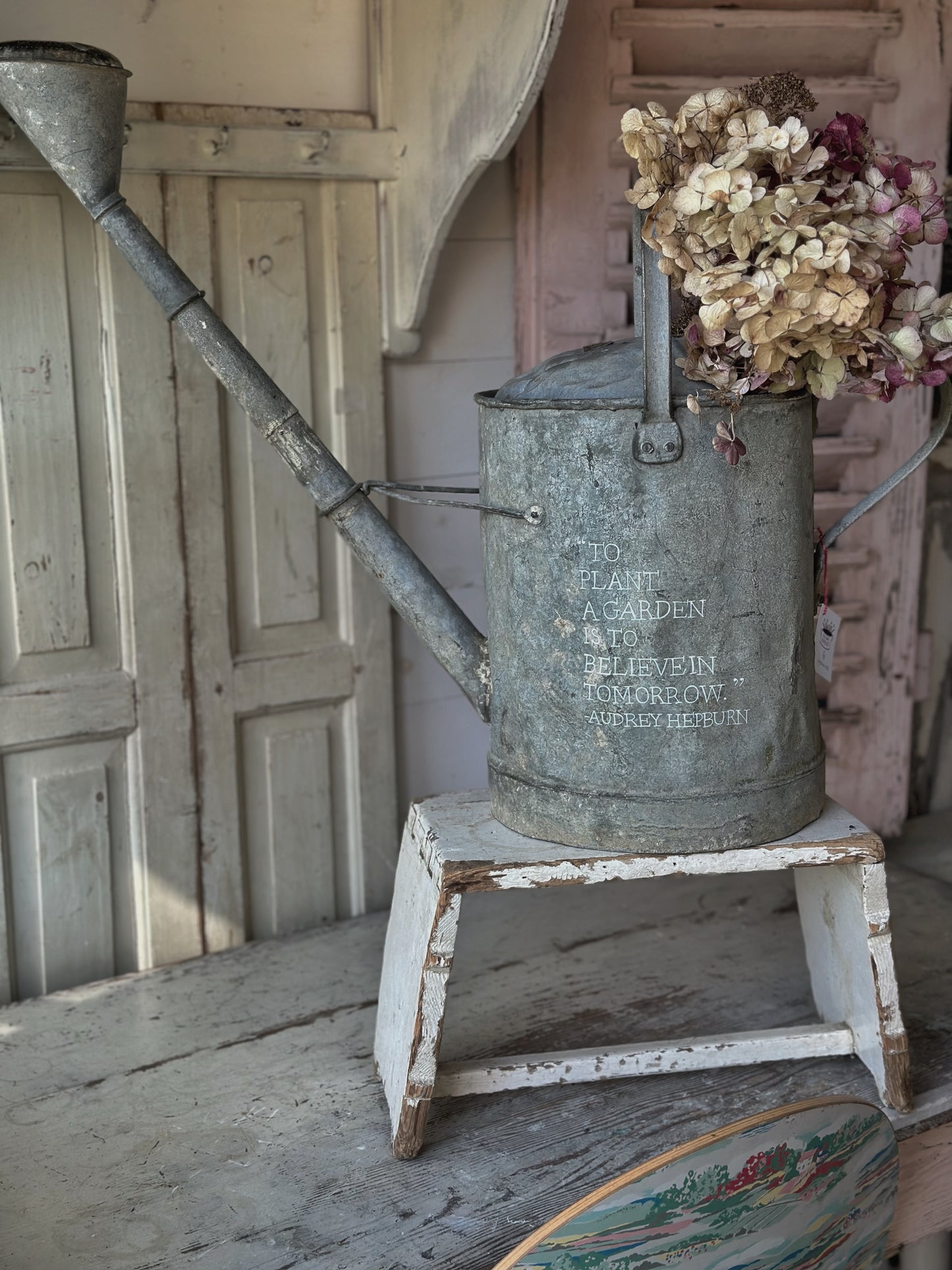 A beautiful vintage galvanised watering can planter