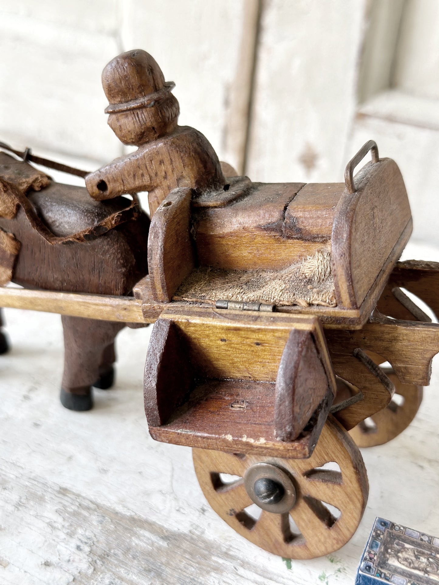 A primitive colonial scratch built wooden horse and cart toy