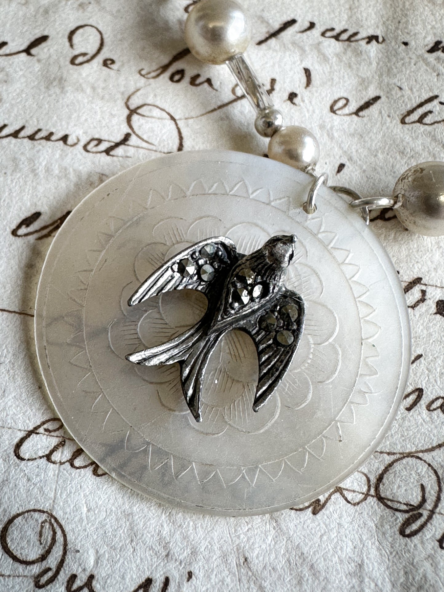 Found Object Mother of Pearl Swallow Necklace by Jealous Moon Jewellery