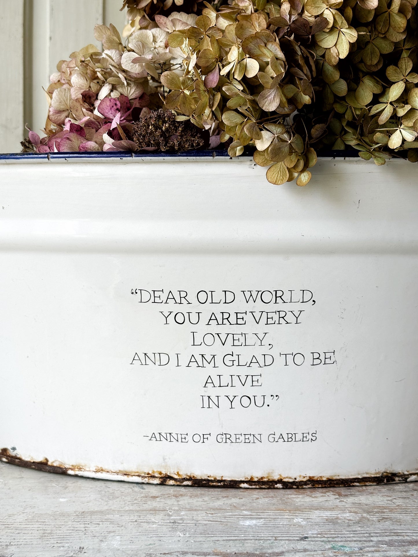 A rustic time worn white enamel oval bath hand painted with a quote.