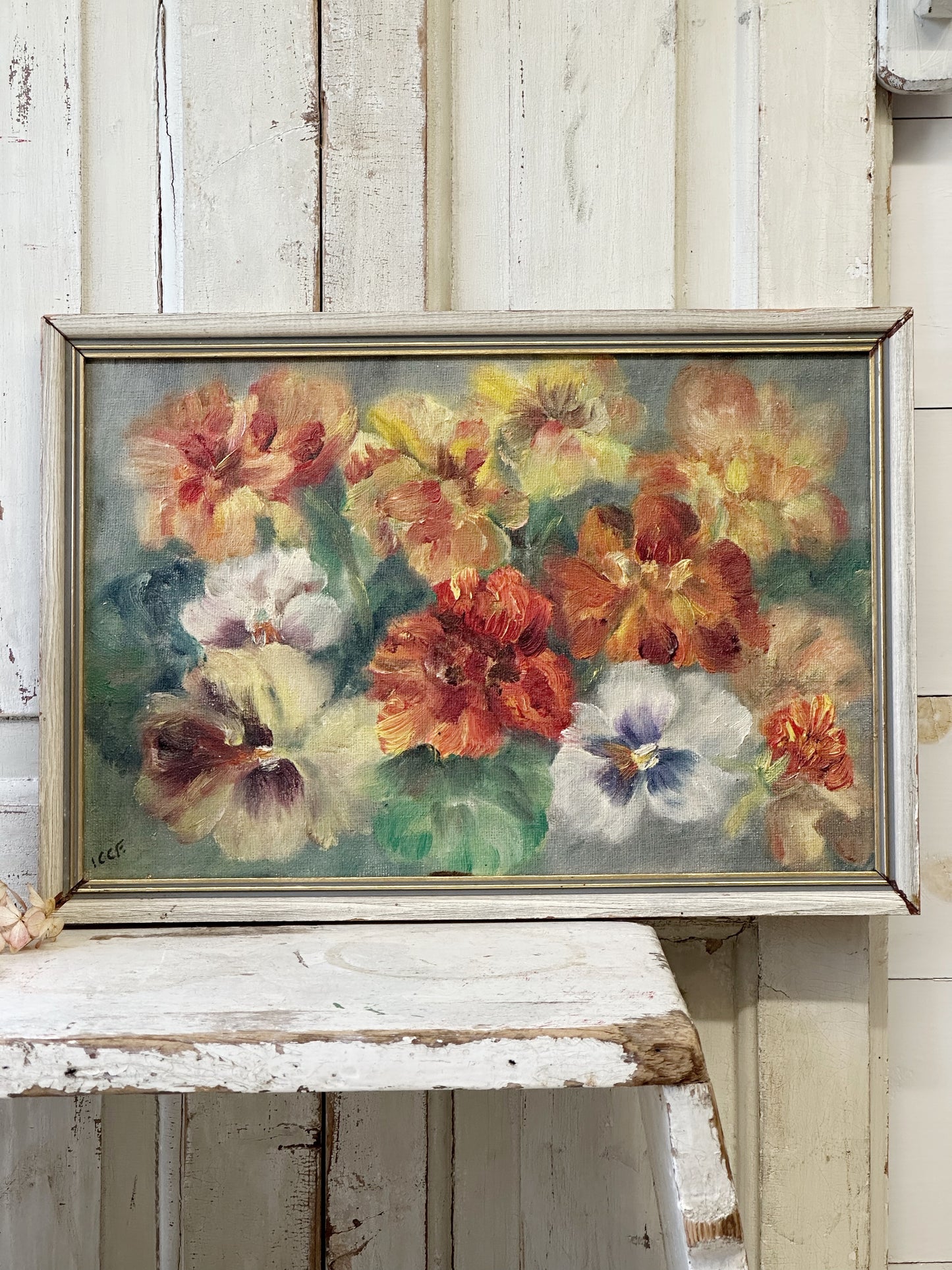 Vintage Still Life Flowers Pansies Oil On Board Signed ICCF