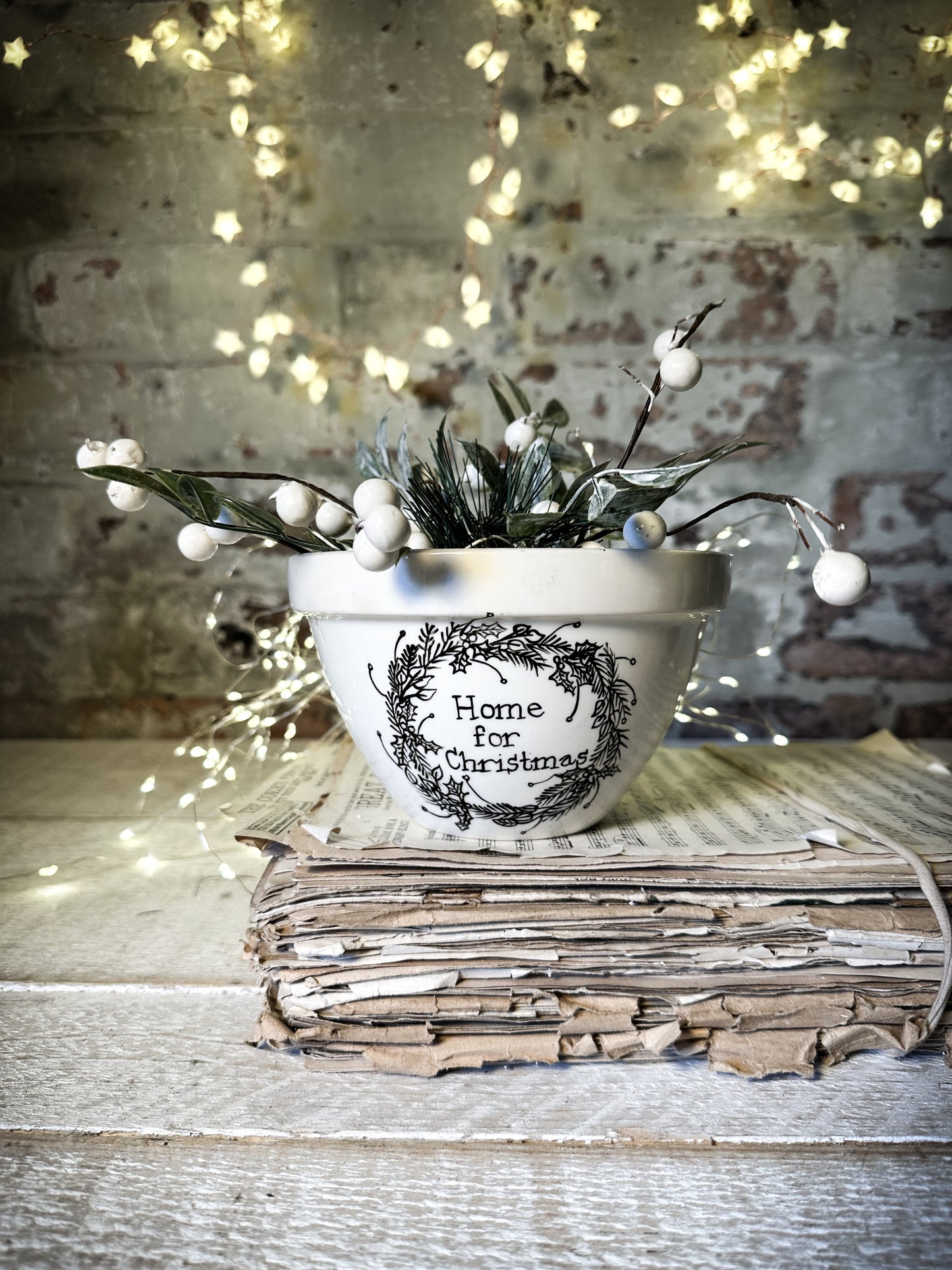 A beautiful vintage Illustrated Ironstone pudding bowl with a hand painted Christmas quote