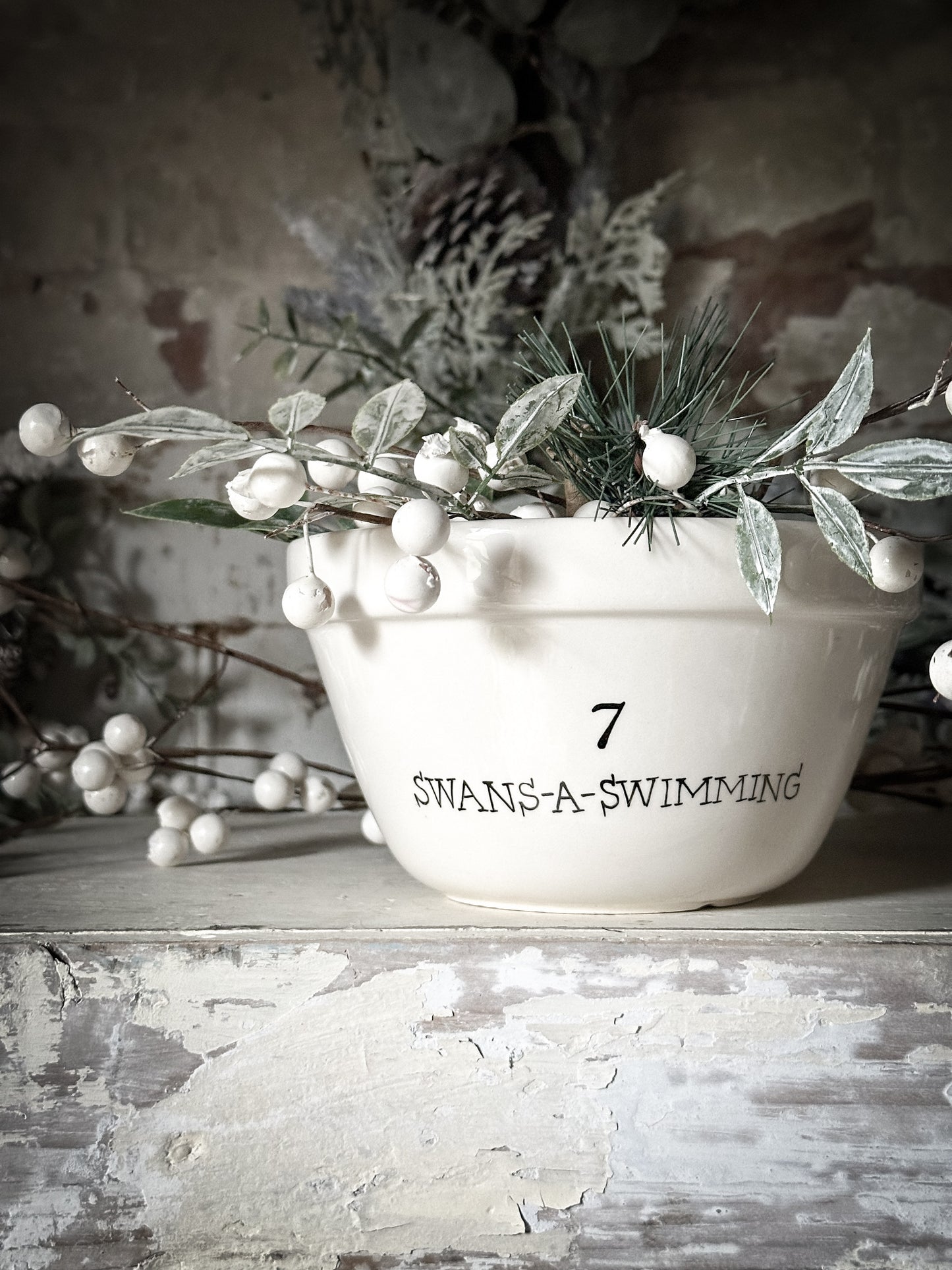 A beautiful vintage Illustrated Ironstone pudding bowl with a hand painted quote