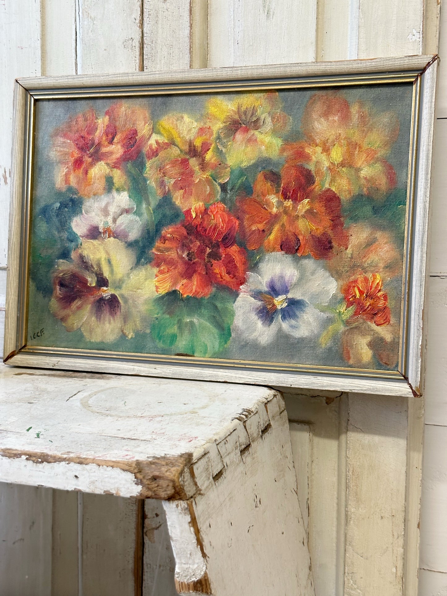 Vintage Still Life Flowers Pansies Oil On Board Signed ICCF