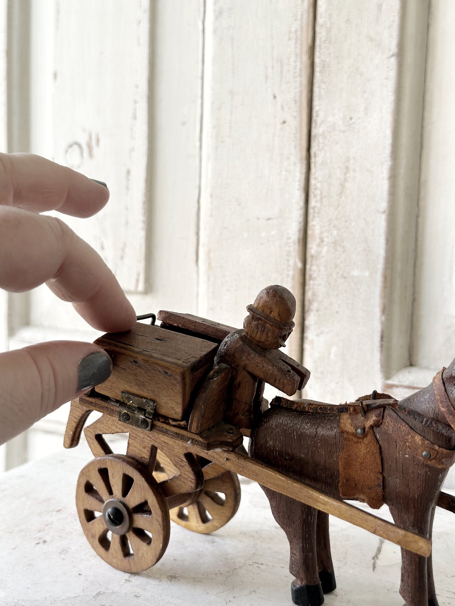 A primitive colonial scratch built wooden horse and cart toy