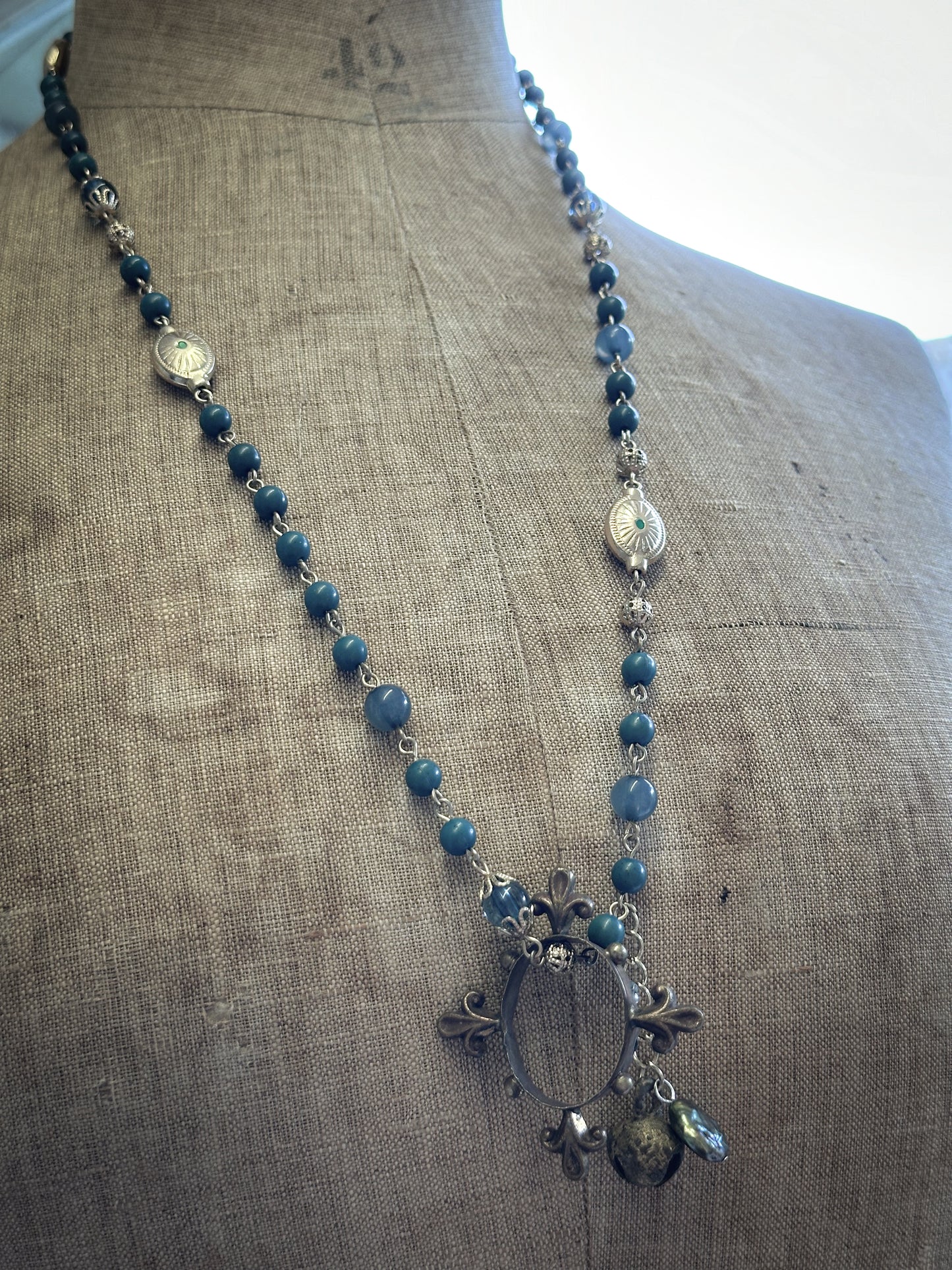 Found Object Vintage Beaded Necklace with Antique Brass Crown by Jealous Moon Jewellery
