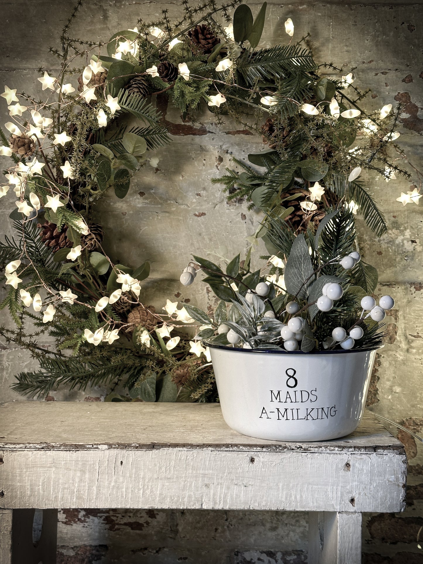 A beautiful vintage enamel pudding bowl with a hand painted quote from the Twelve days of Christmas