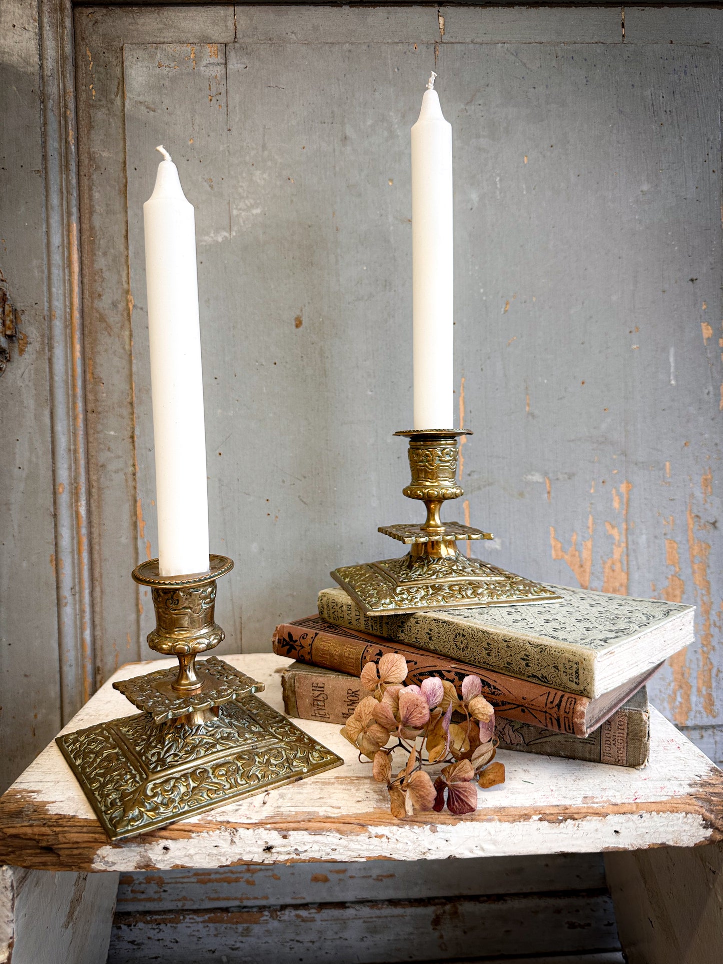 Pair Victorian Aesthetic Movement Brass Candlesticks – Ornate Embossed Square Base c.1900