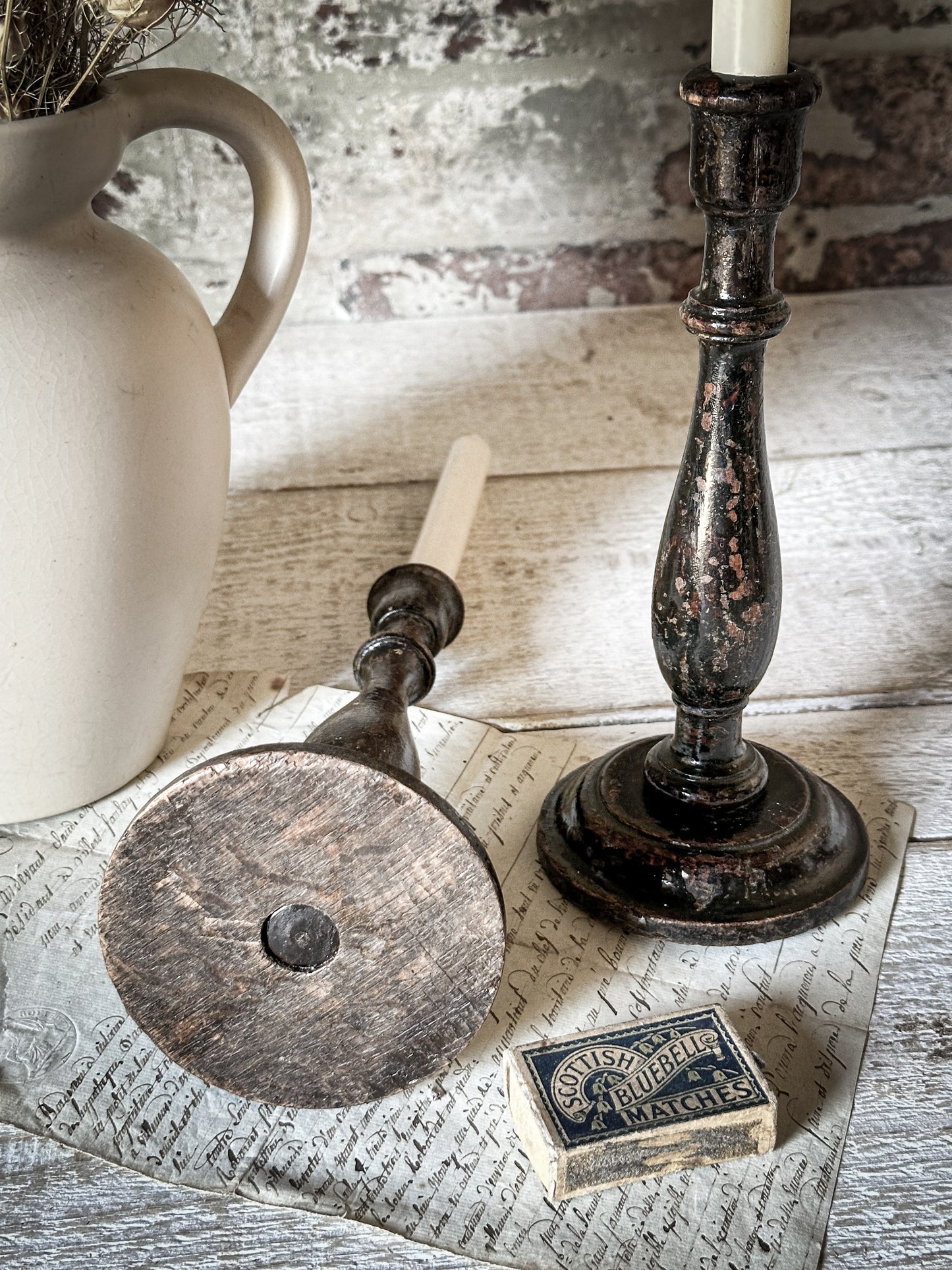 A Pair of Antique Hand Turned Ebonised Candlestick Holders