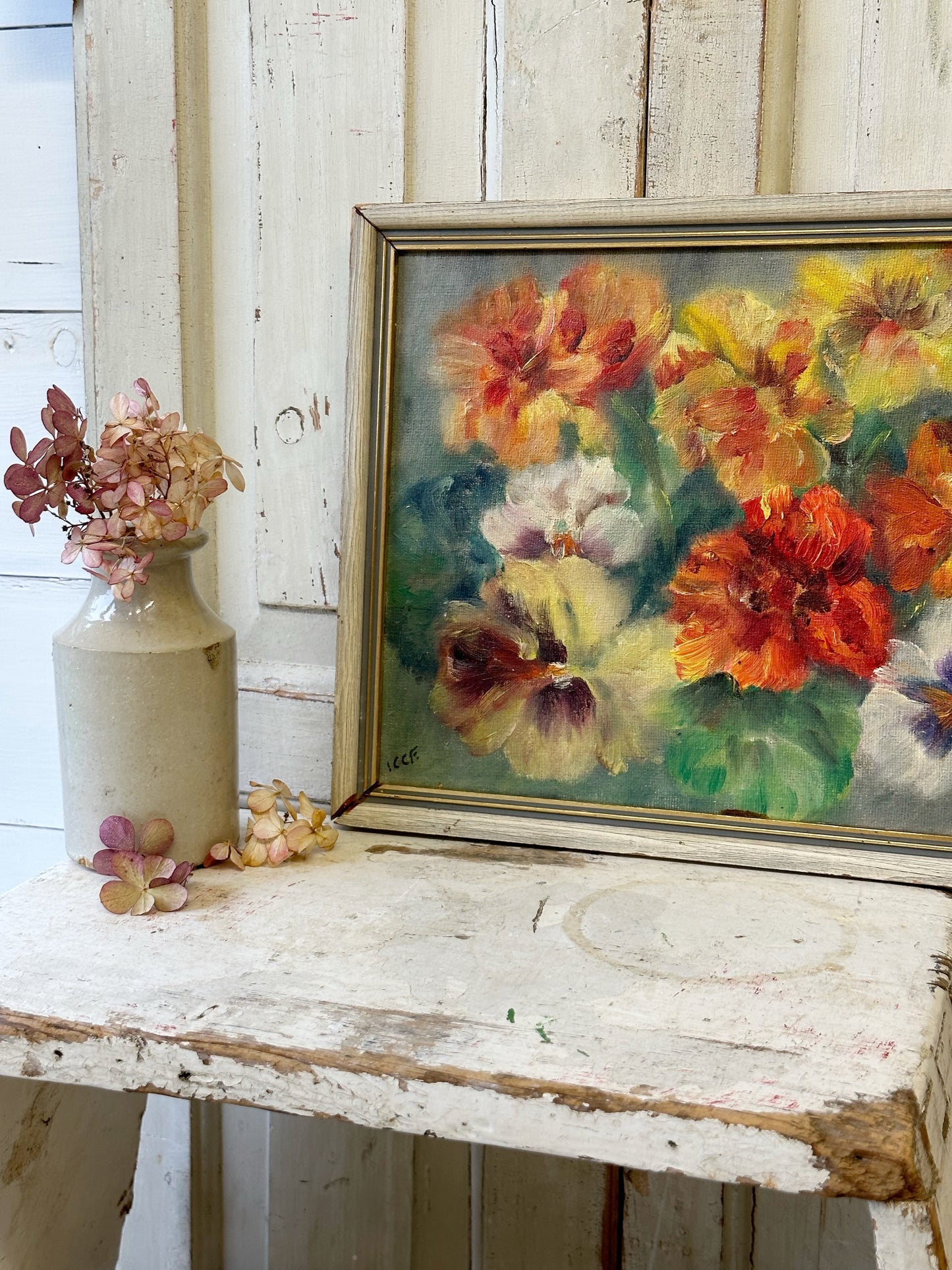 Vintage Still Life Flowers Pansies Oil On Board Signed ICCF