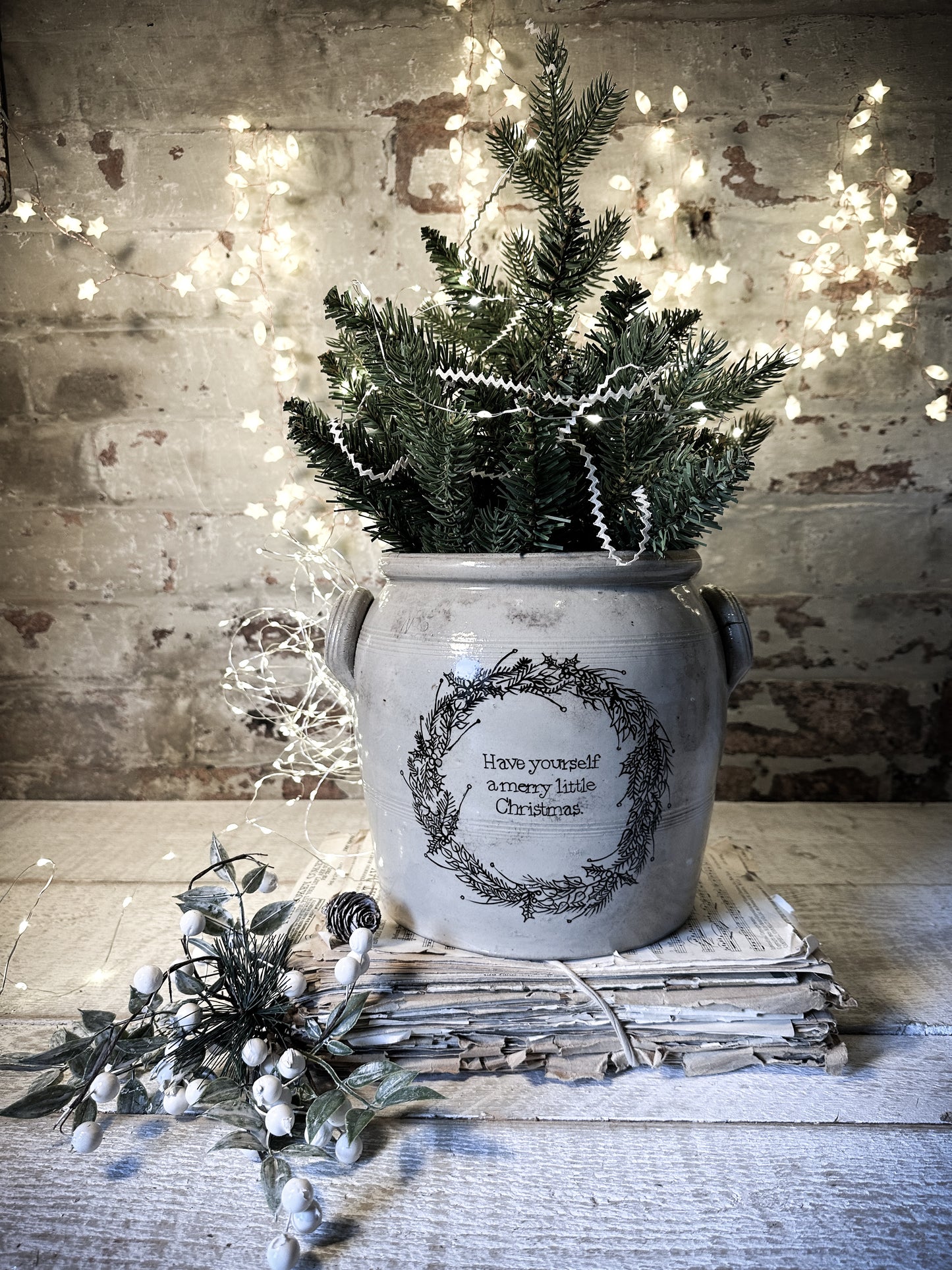 A lovely antique French stoneware confit pot with a hand painted Christmas quote