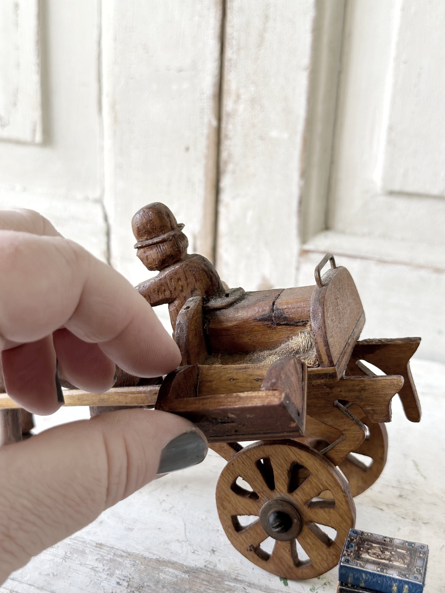 A primitive colonial scratch built wooden horse and cart toy