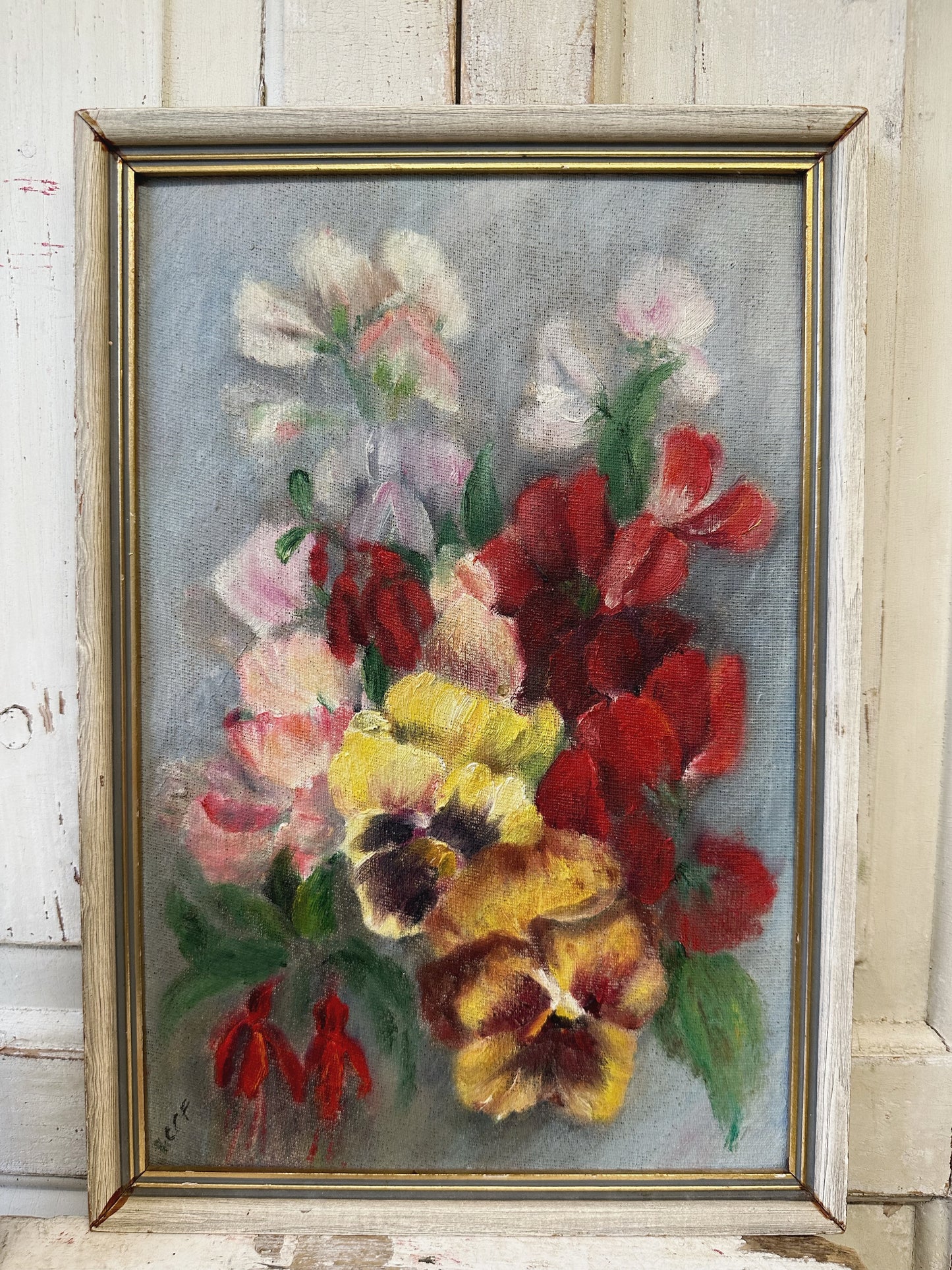 Vintage Still Life Flowers Pansies Oil On Board Signed ICCF