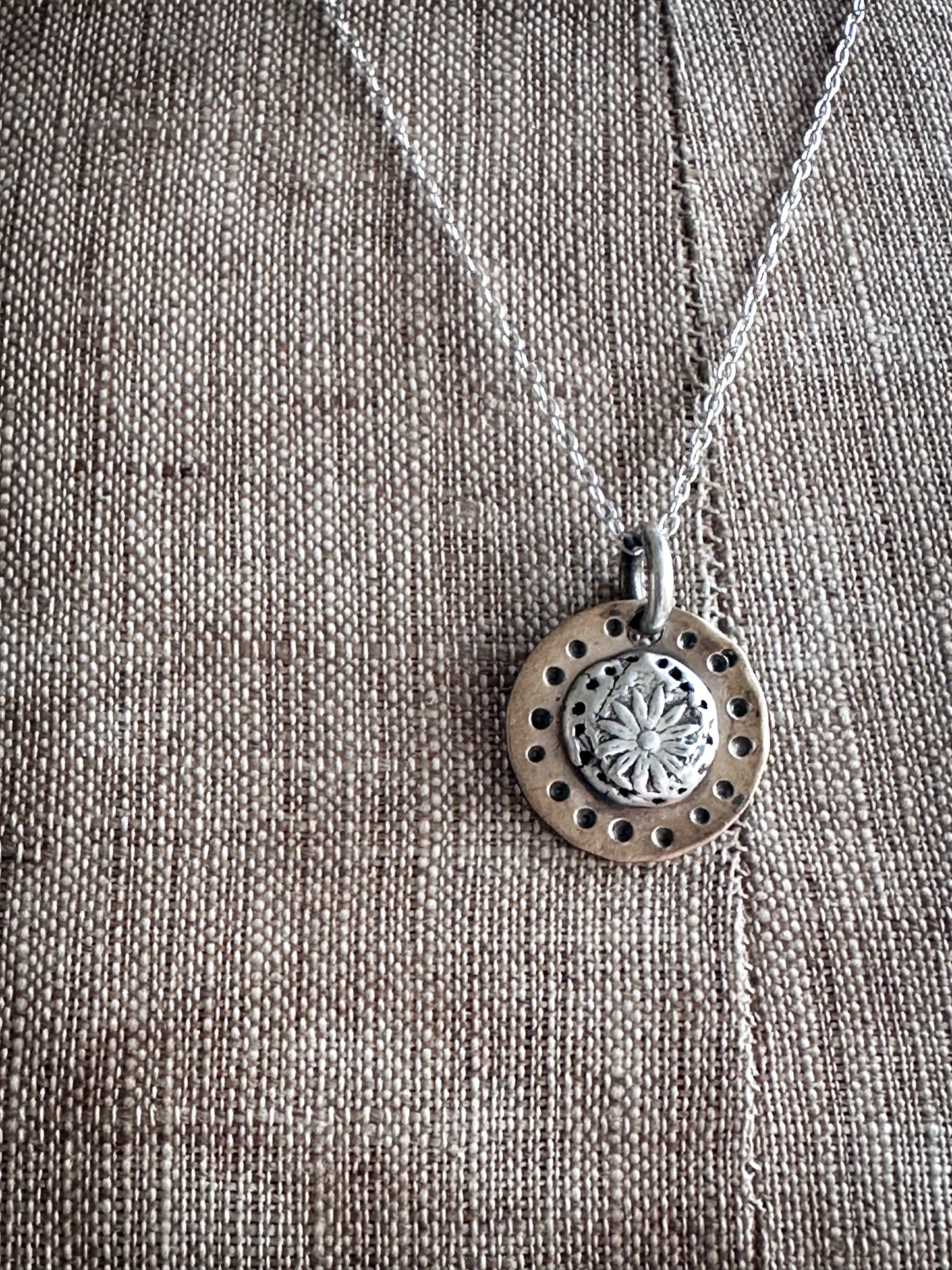 Moon Garden Medallion – Fine Silver Botanical Sprig on Hand-Stamped Copper