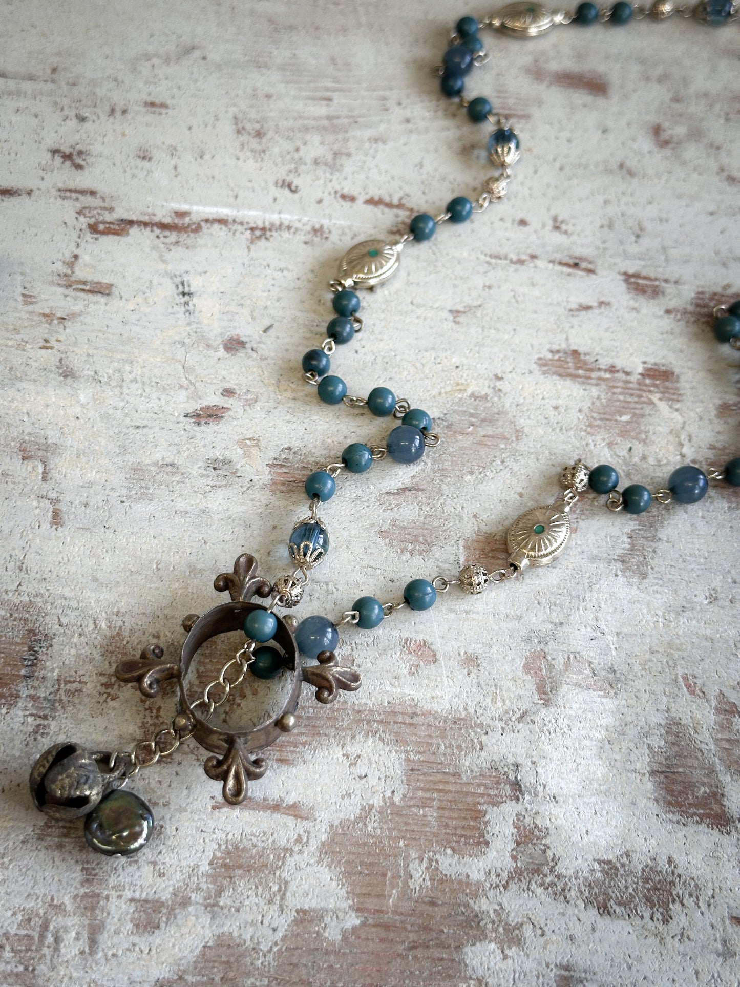 Found Object Vintage Beaded Necklace with Antique Brass Crown by Jealous Moon Jewellery