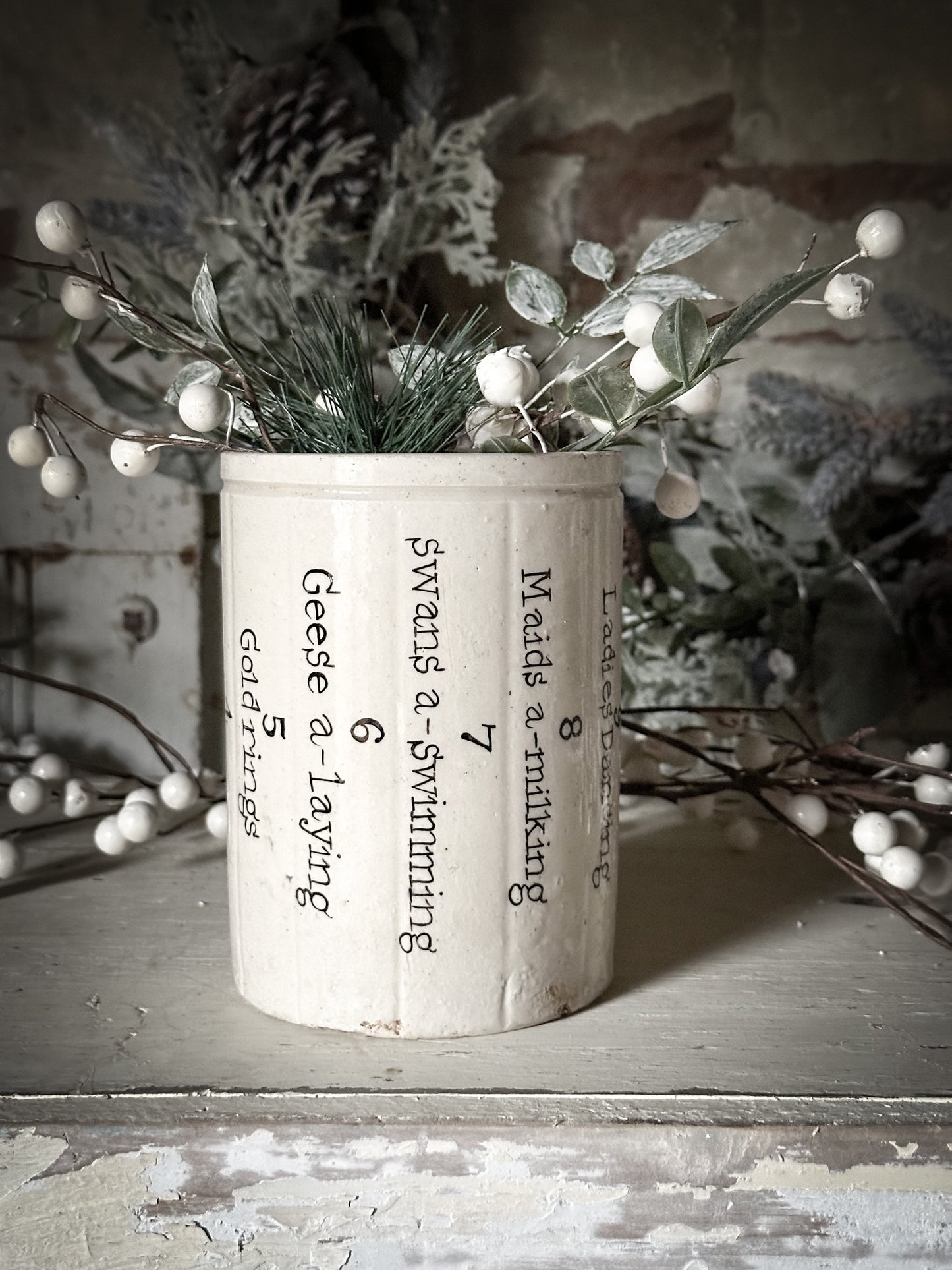 A tall Victorian unearthed stoneware pottery preserve jar with a hand painted quote