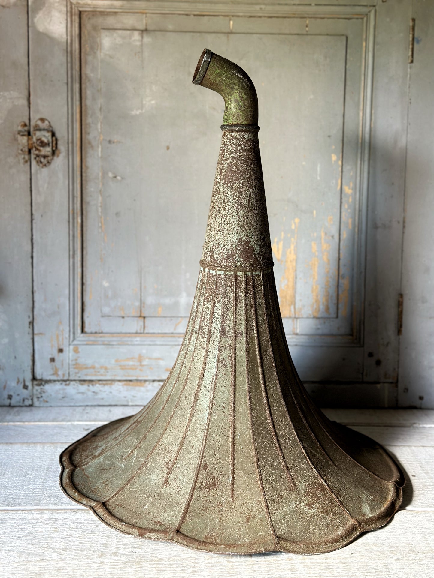 A wonderful antique French tin gramophone funnel and elbow