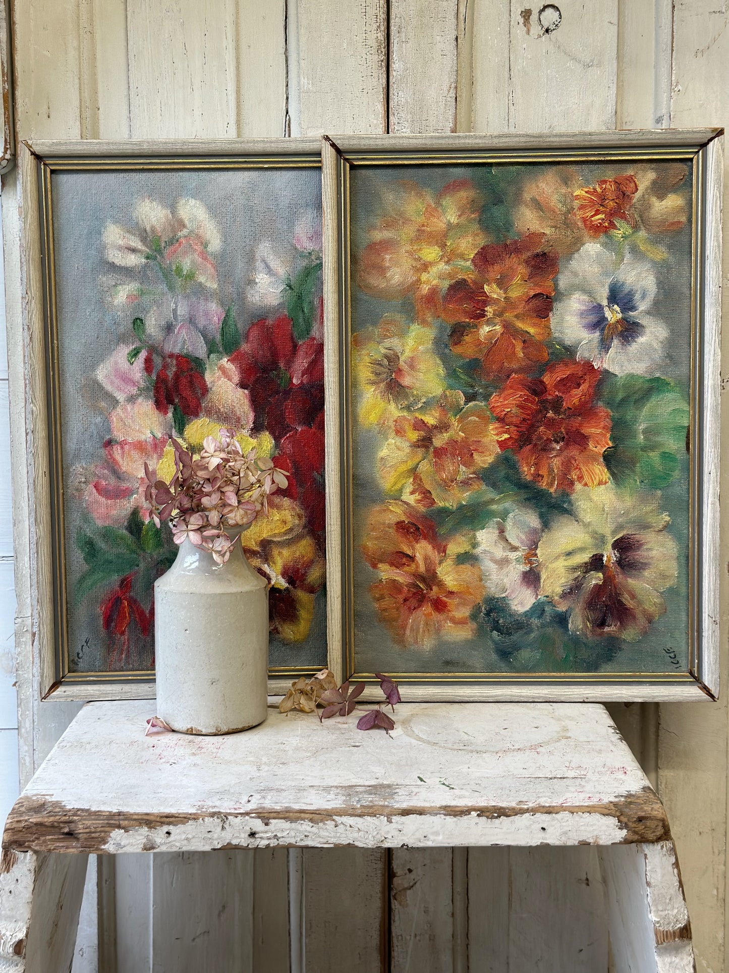 Vintage Still Life Flowers Pansies Oil On Board Signed ICCF