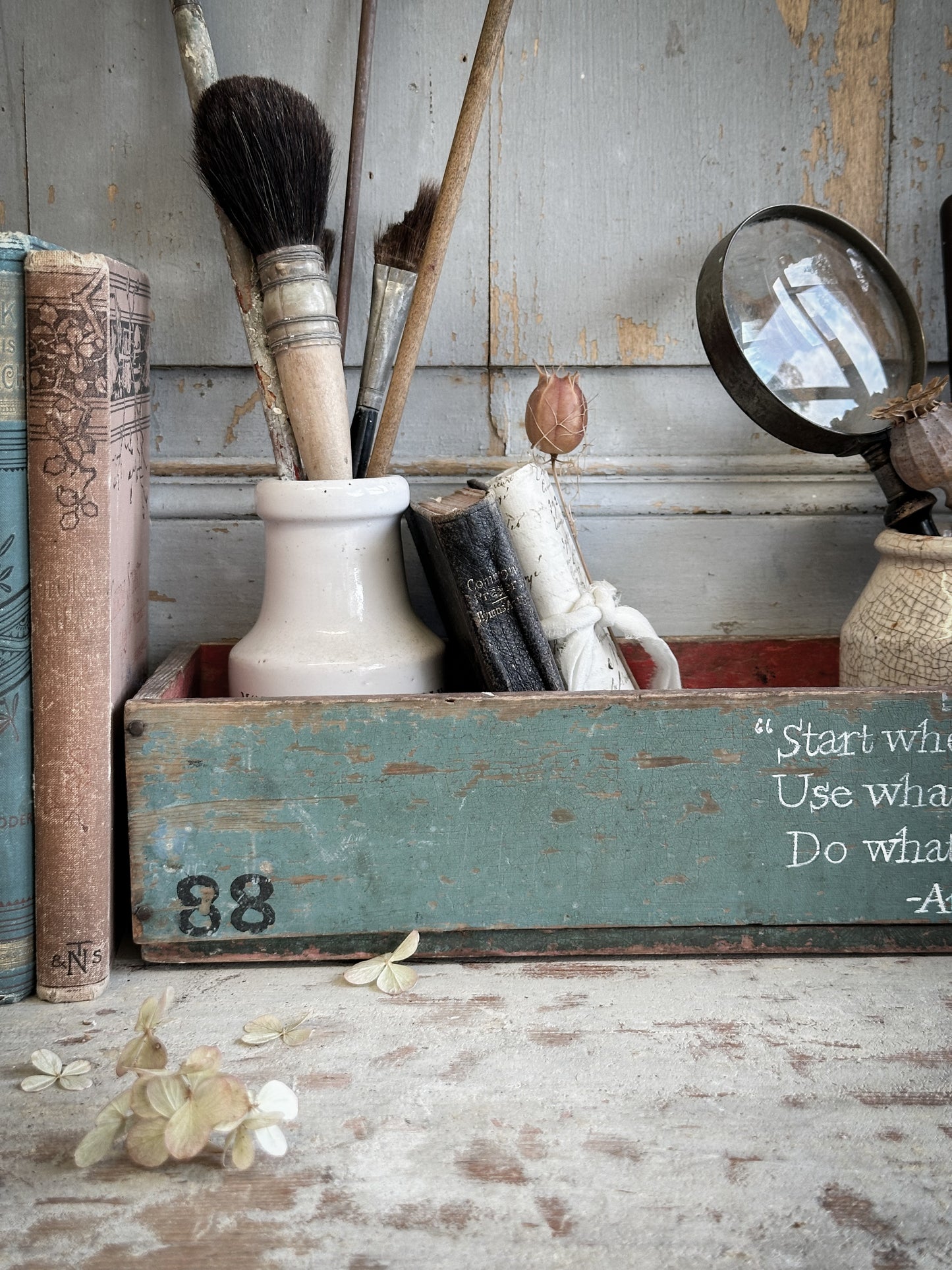 A Vintage French Chippy Paint Wooden Crate With A Hand Painted Quote