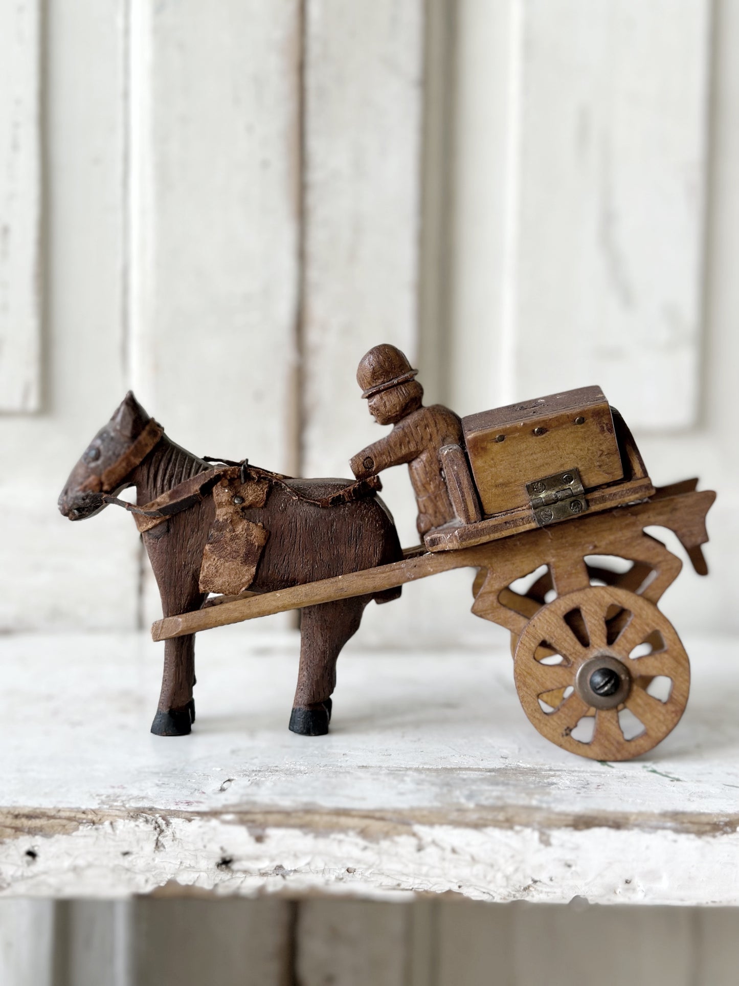 A primitive colonial scratch built wooden horse and cart toy